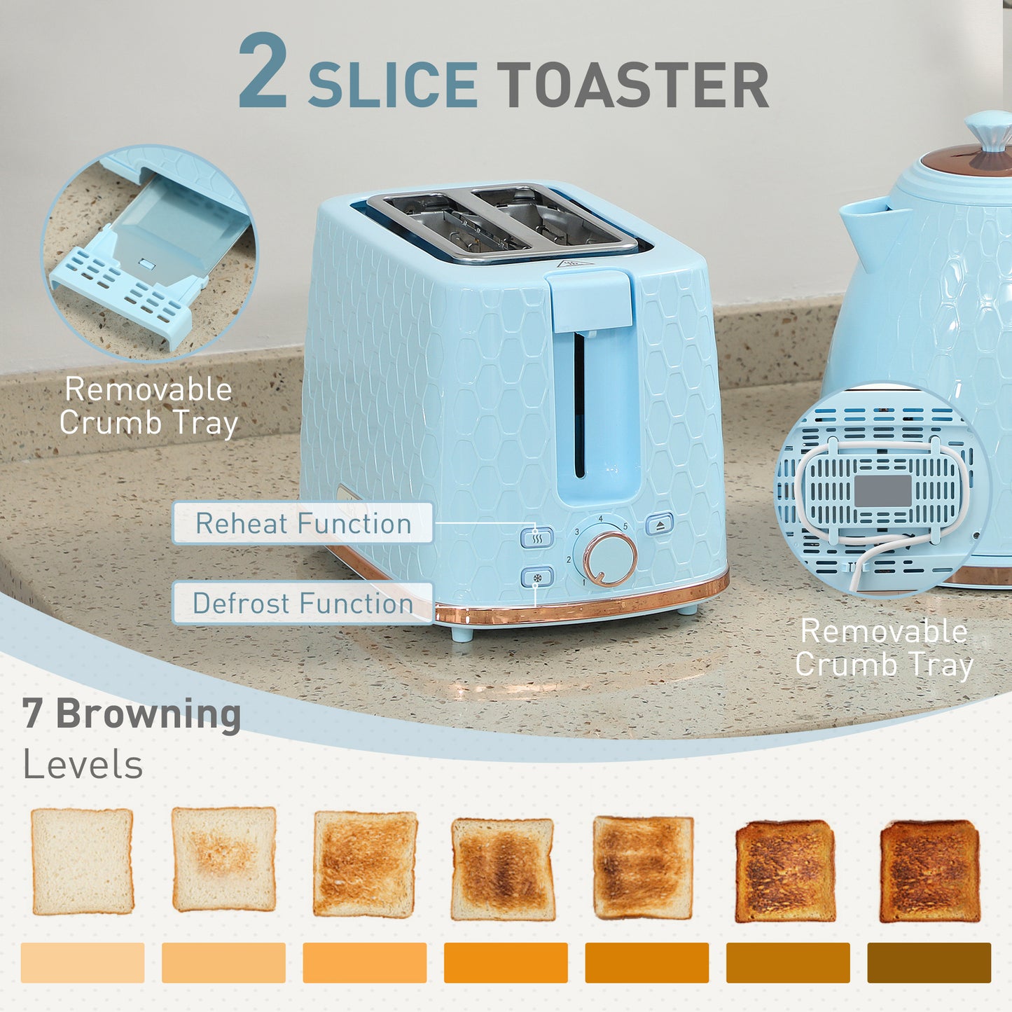 HOMCOM 1.7L 3000W Fast Boil Kettle And 2 Slice Toaster Set With Auto Shut Off And Browning Controls Light Blue