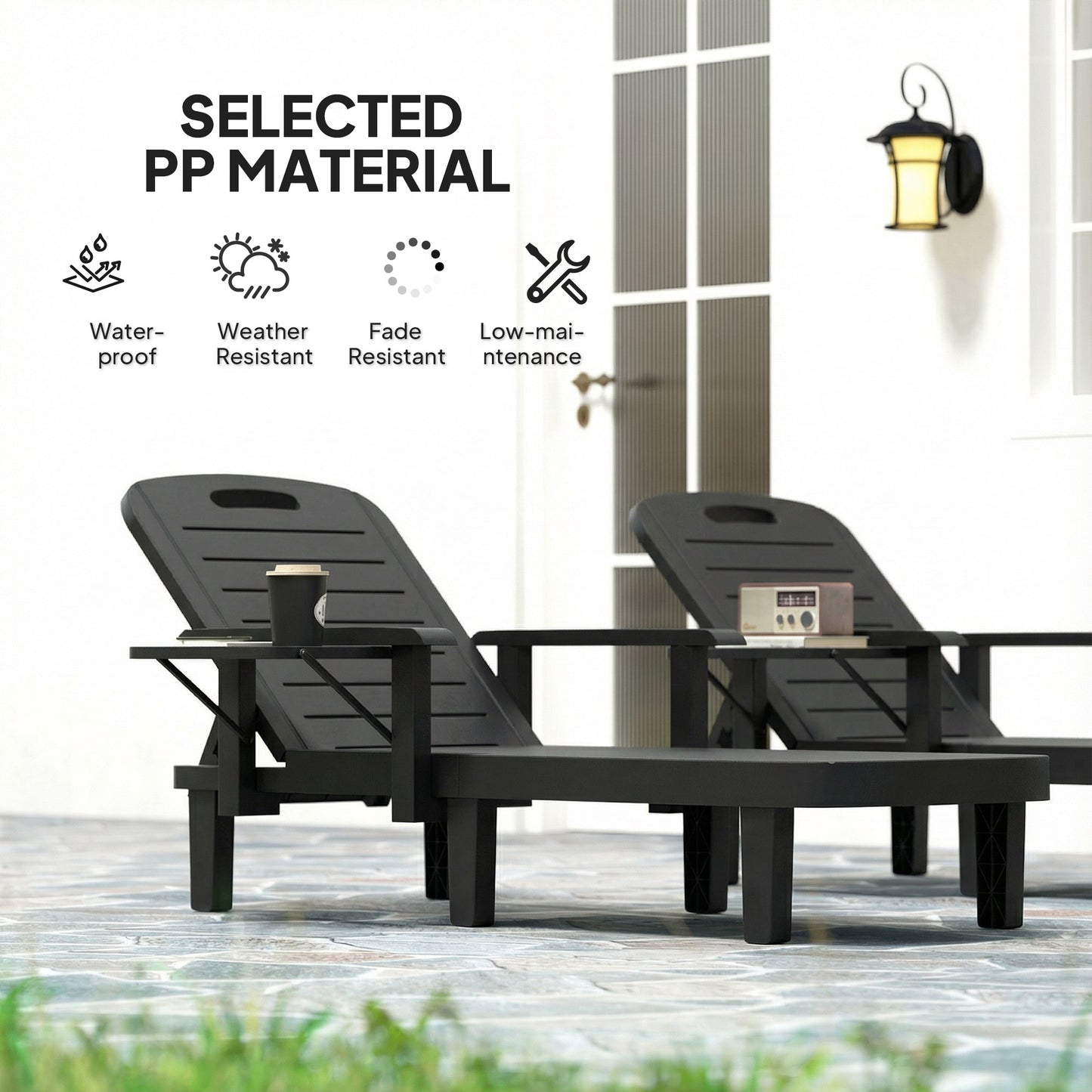 Outsunny Set Of 2 Adjustable Sun Loungers With Five Position Recline And Armrests For Outdoor Use Foldable Table Black