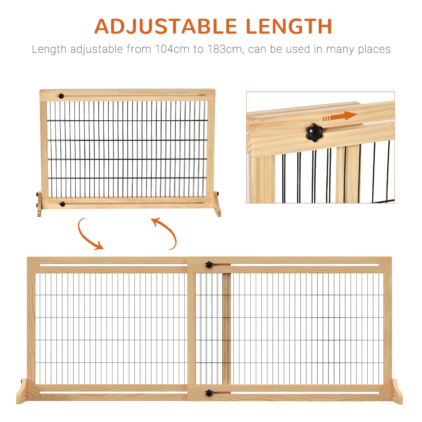 PawHut Freestanding Adjustable Wooden Pet Barrier Gate for Doorways and Hallways, Natural Finish, 69H x 104-183 cm - ALL4U RETAILER LTD