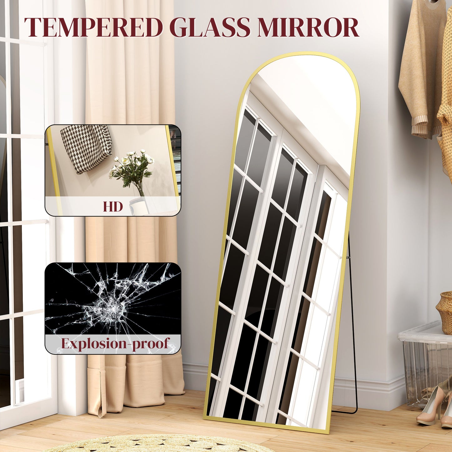 HOMCOM 165cm Aluminium Frame Standing Mirror Gold With Two Way Use And Wall Mount Option Full Length Floor Mirror