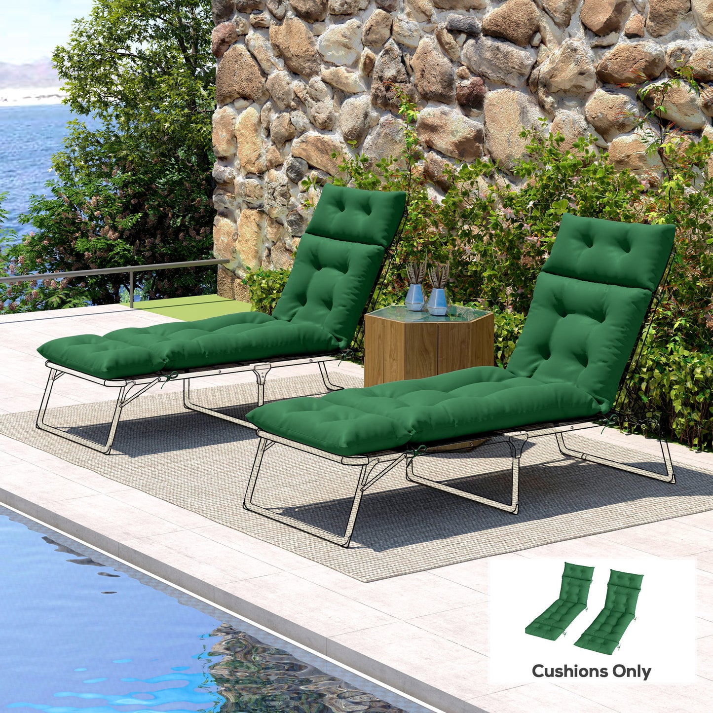 Outsunny Set Of Two 190 X 56 Cm Sun Lounger Cushions Green For Outdoor Recliners With PP Foam Fill And Polyester Covers