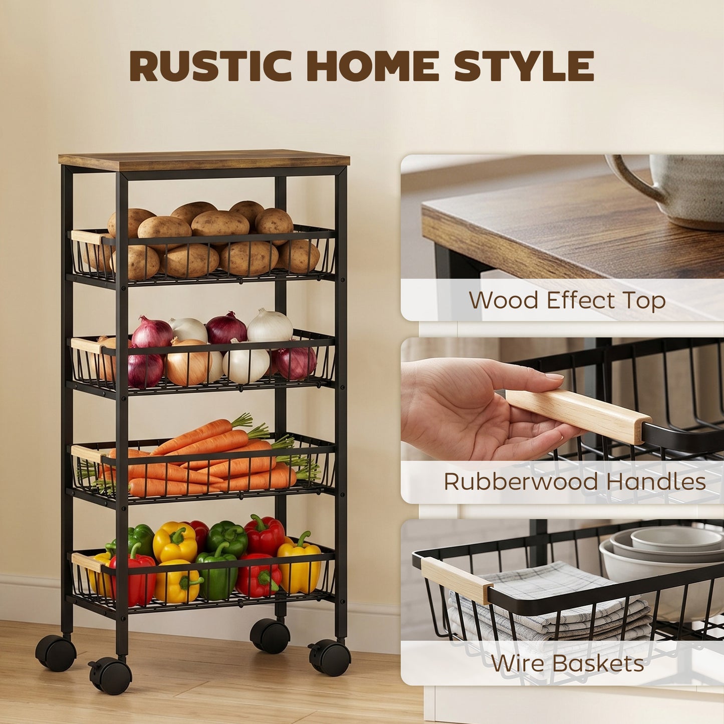HOMCOM Metal Kitchen Trolley 4 Tier Storage With Pull Out Baskets And 4 Swivel Casters Rustic Brown