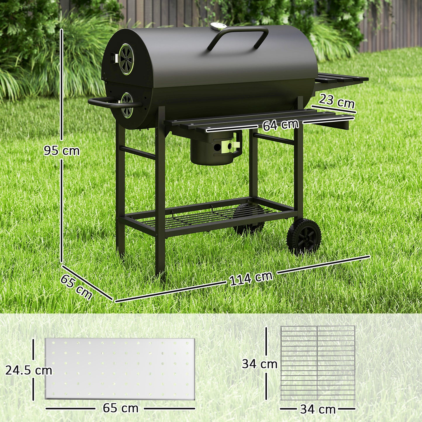 Outsunny Charcoal BBQ Grill With Foldable Front Shelf And Wheels Smoker With Warming Rack Temp Gauge And Lid Black