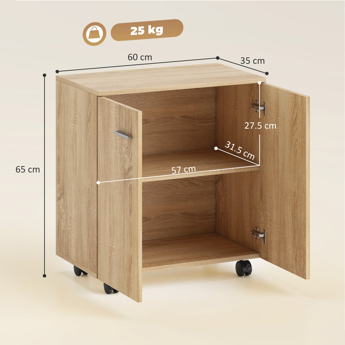 Mobile sideboard cabinet size diagram with open doors, interior shelves, casters