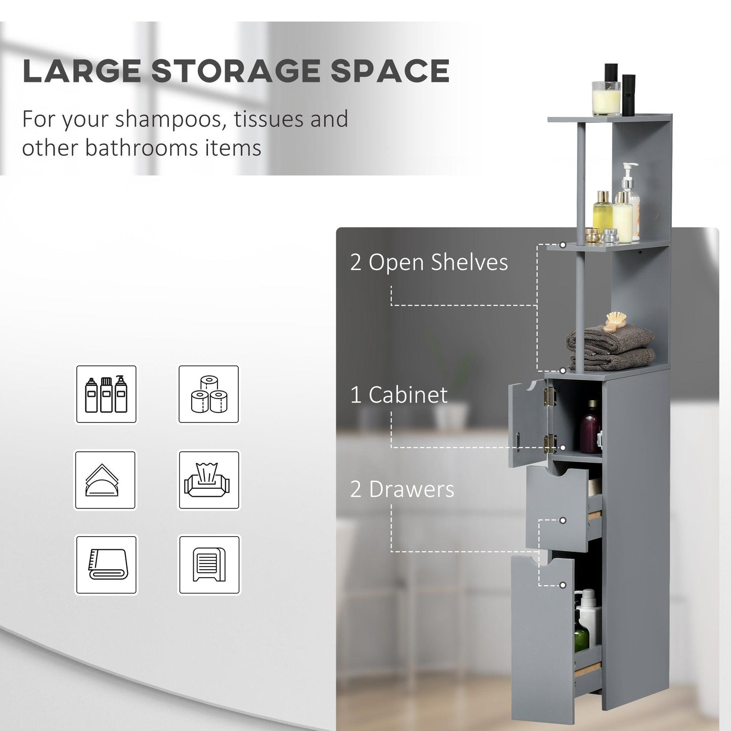 HOMCOM Tall Bathroom Cabinet, Bathroom Storage Cabinet W/ Shelf, Drawers, Grey - ALL4U RETAILER LTD