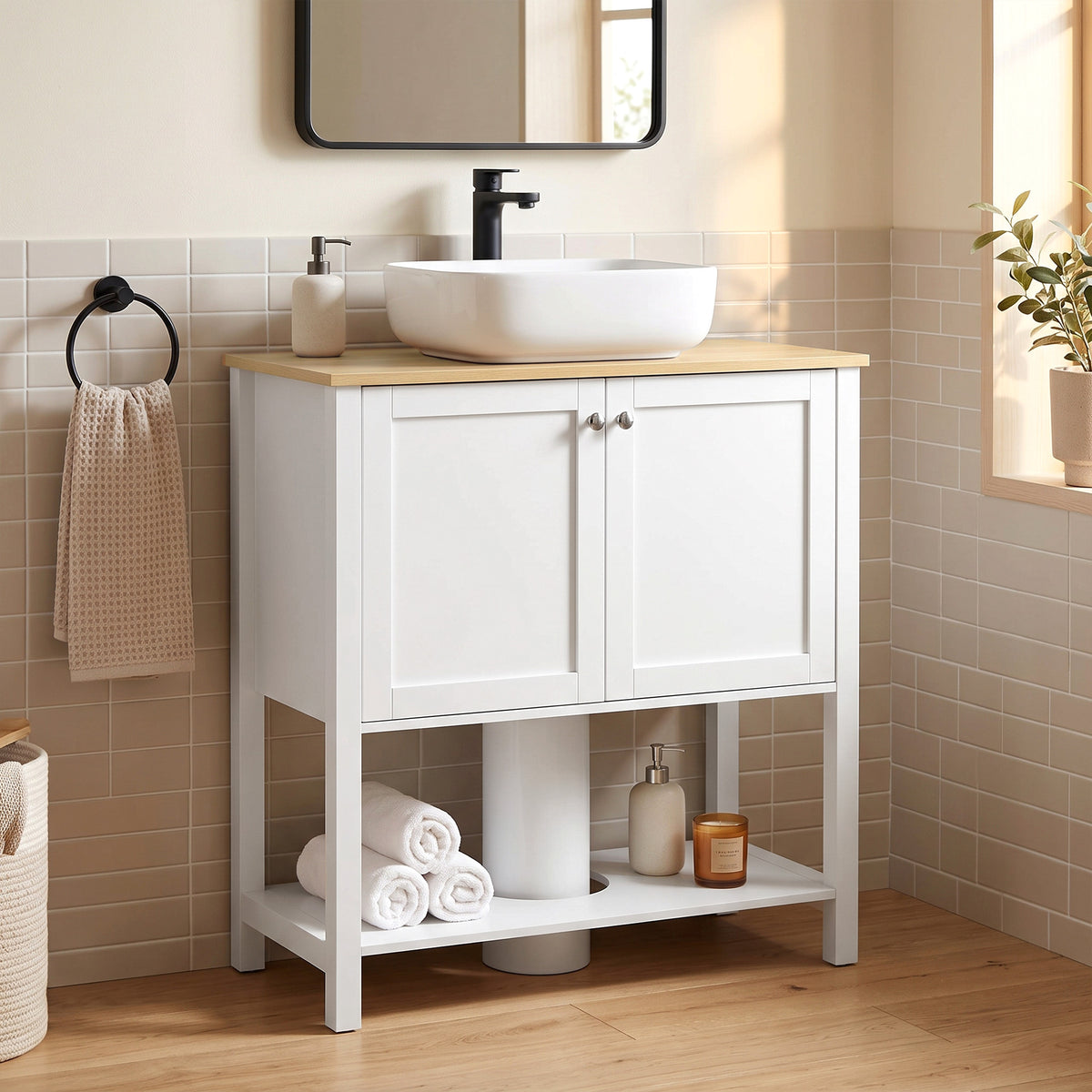 Under-sink cabinet with U-shaped cutout, two white doors, open shelf, wood top.