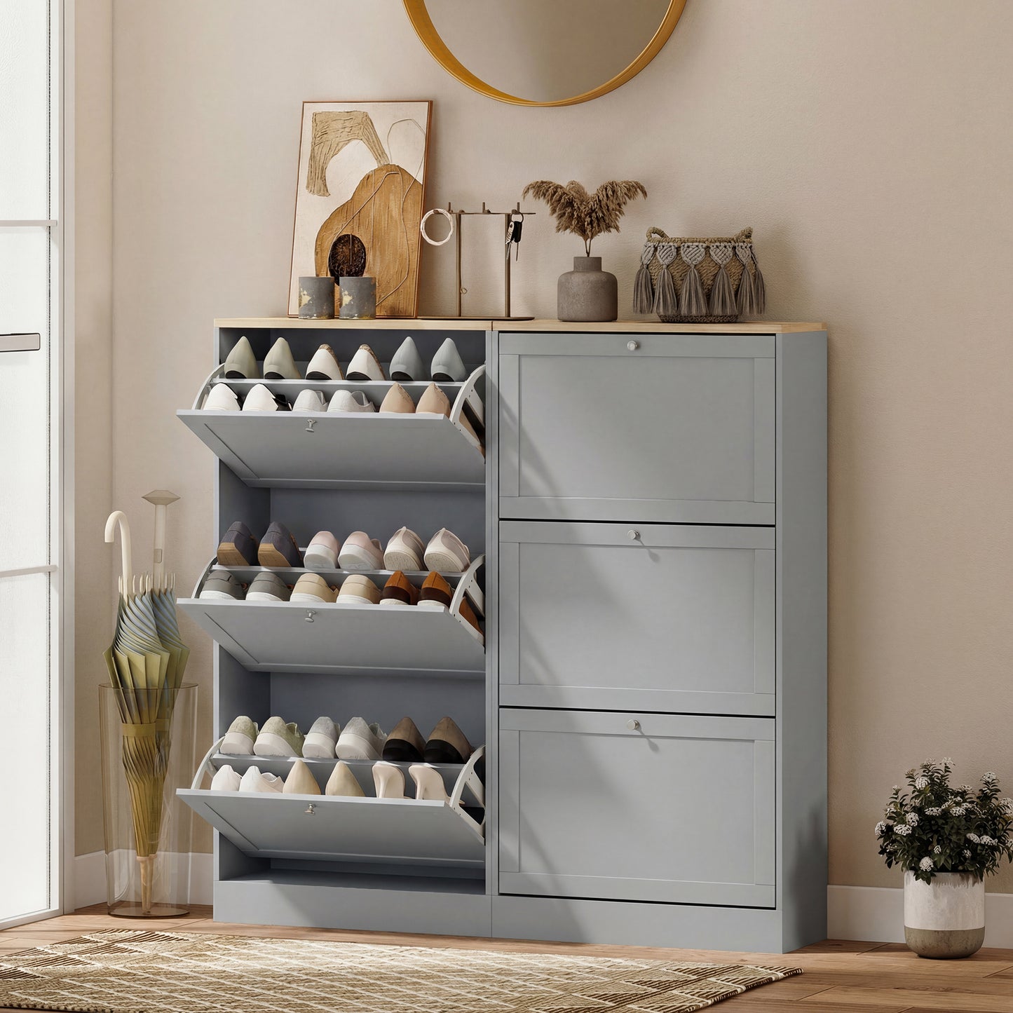 HOMCOM Modern Compact Three Drawer Shoe Storage Cabinet in Grey with Adjustable Shelves Holds 12 to 18 Pairs
