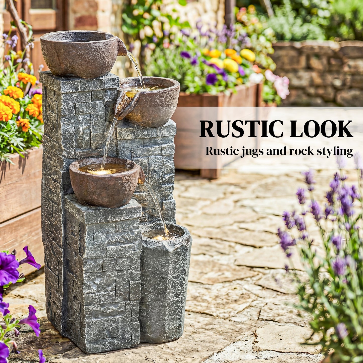 Outsunny 4-Tier Outdoor Fountain With Cascading Waterfall LED Lights Adjustable Flow Grey And Rustic Brown