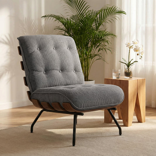 HOMCOM Accent Chair Linen Look Fabric Reading Chair With Pocket Spring Cushions Slatted Support Steel Frame Dark Grey