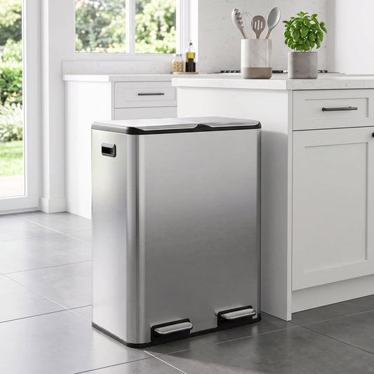 Stainless steel dual-compartment kitchen waste bin with twin lids and pedal