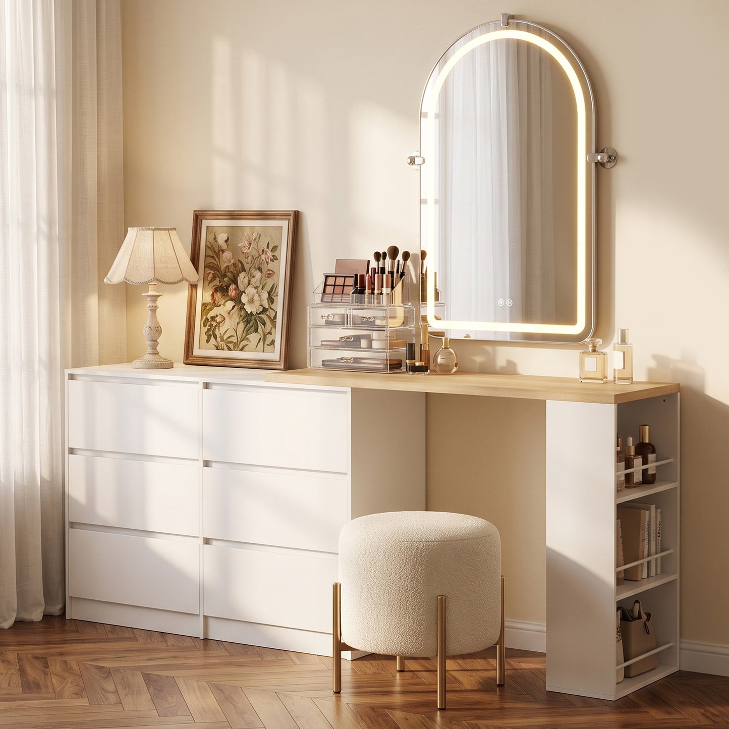 HOMCOM Vanity Table with 6 Drawers and 3 Tier Shelf White Convertible Dressing Table for Corner or Open Wall