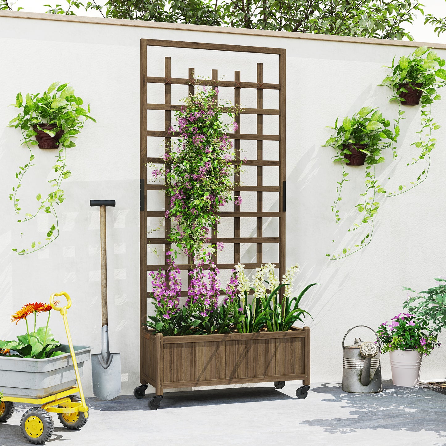 Outsunny Wooden Trellis Planter With Wheels Raised Garden Bed For Vegetables, Herbs And Flowers Brown