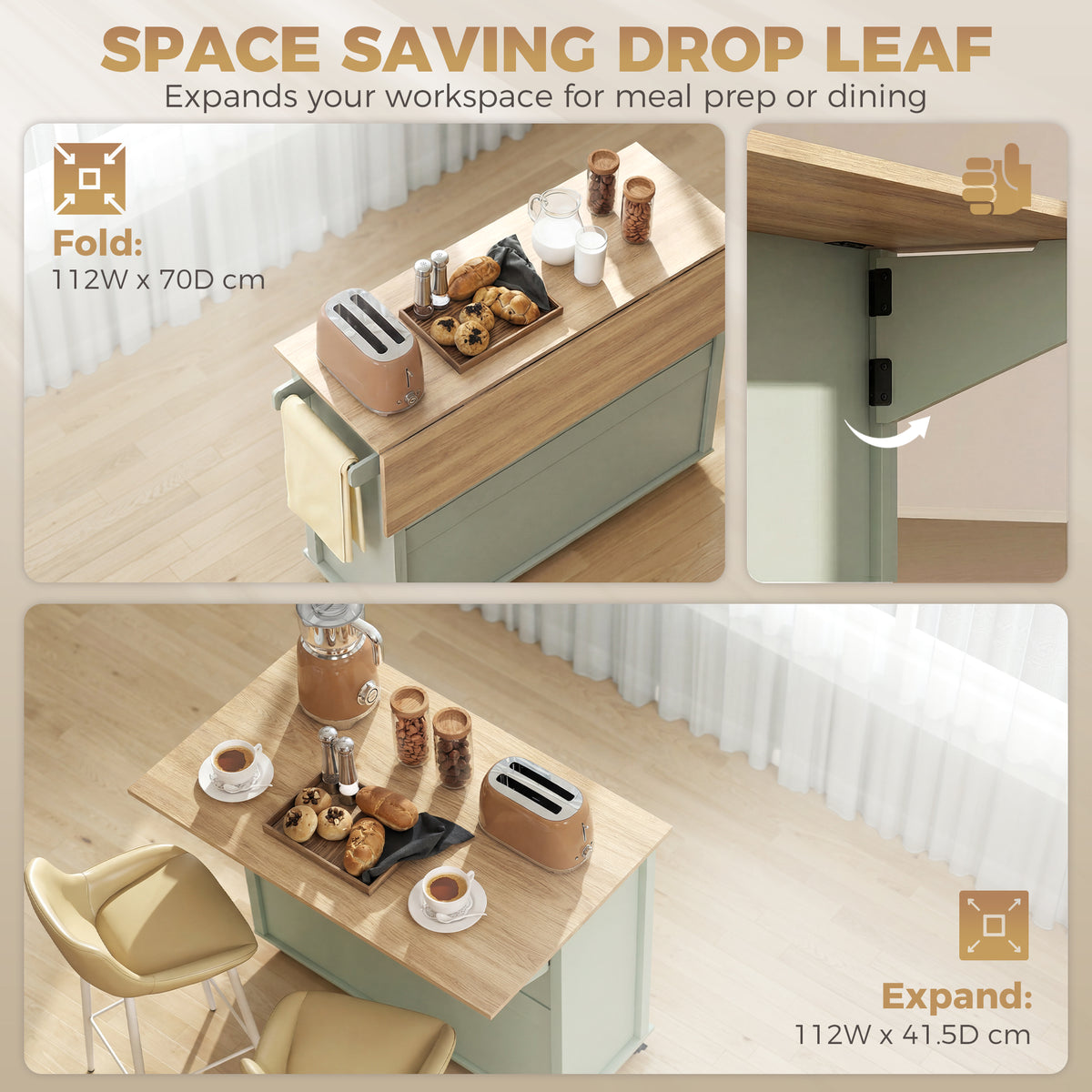 Light green kitchen island with drop leaf that expands workspace for meal prep