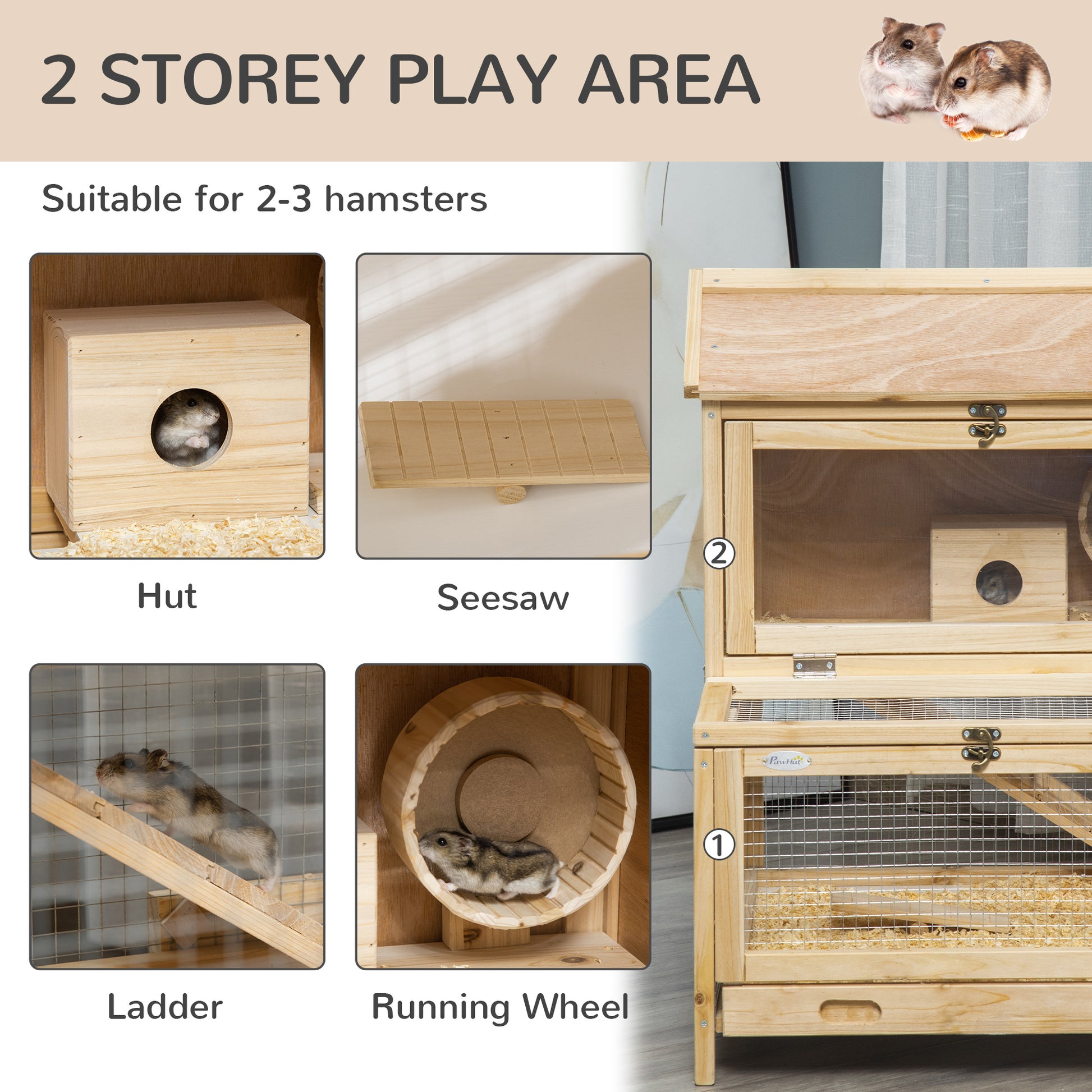 PawHut Multi-Level Wooden Hamster Habitat with Exercise Features and Easy-Clean Design - ALL4U RETAILER LTD