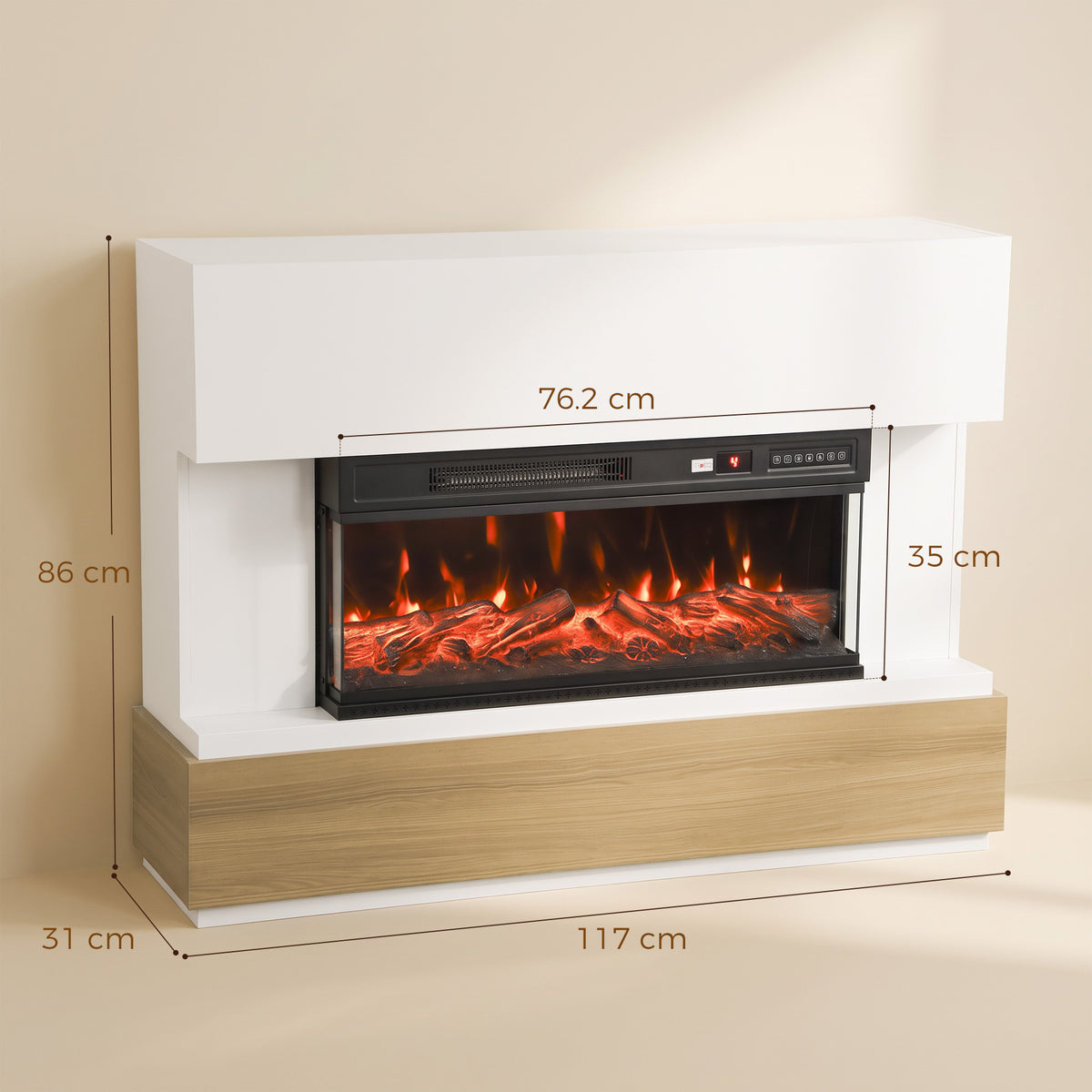 Electric fireplace dimensions view showing white mantel and wood base with flame insert