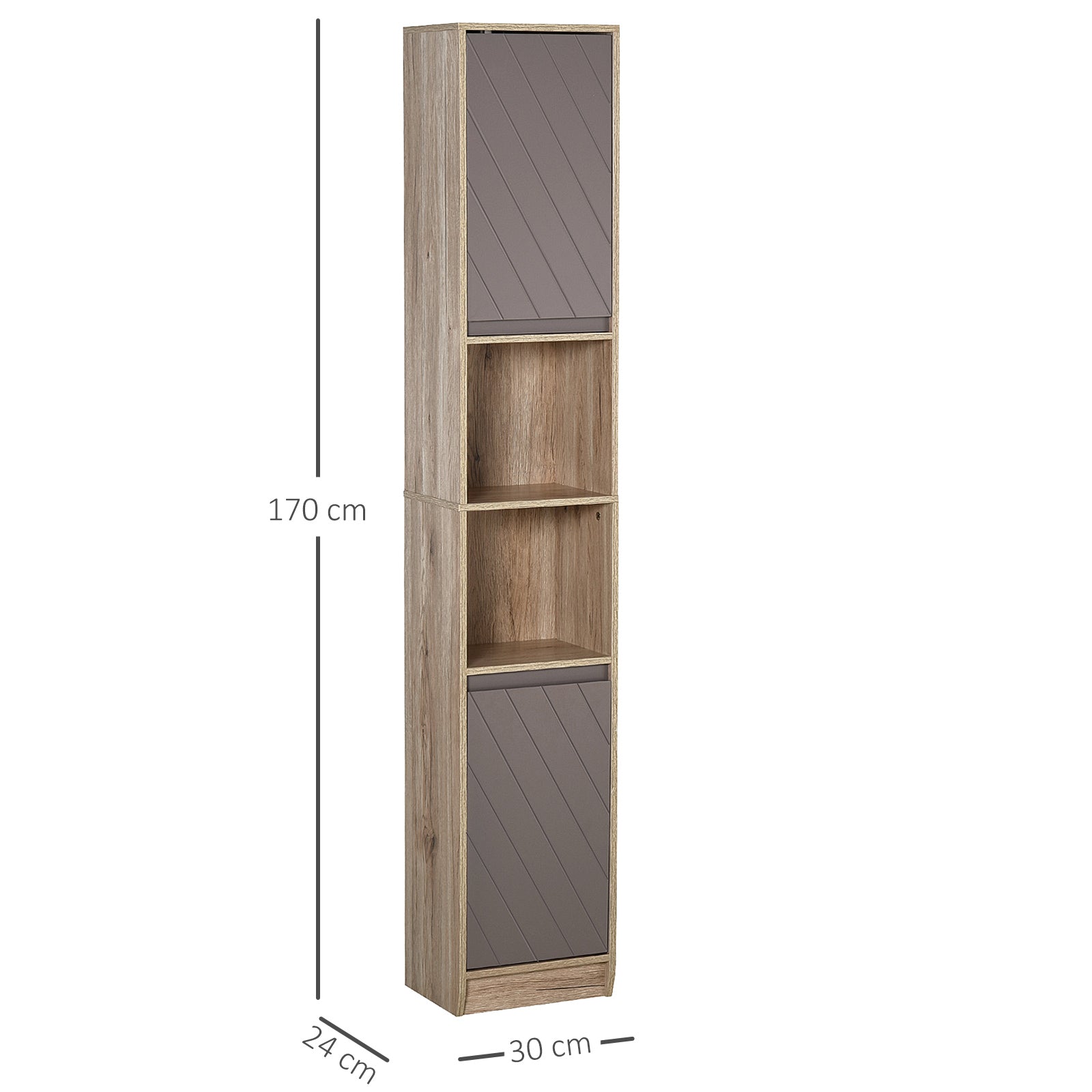 HOMCOM Slim Freestanding Bathroom Storage Cabinet with Dual Cupboards and Open Shelves, Grey and Oak Finish - ALL4U RETAILER LTD