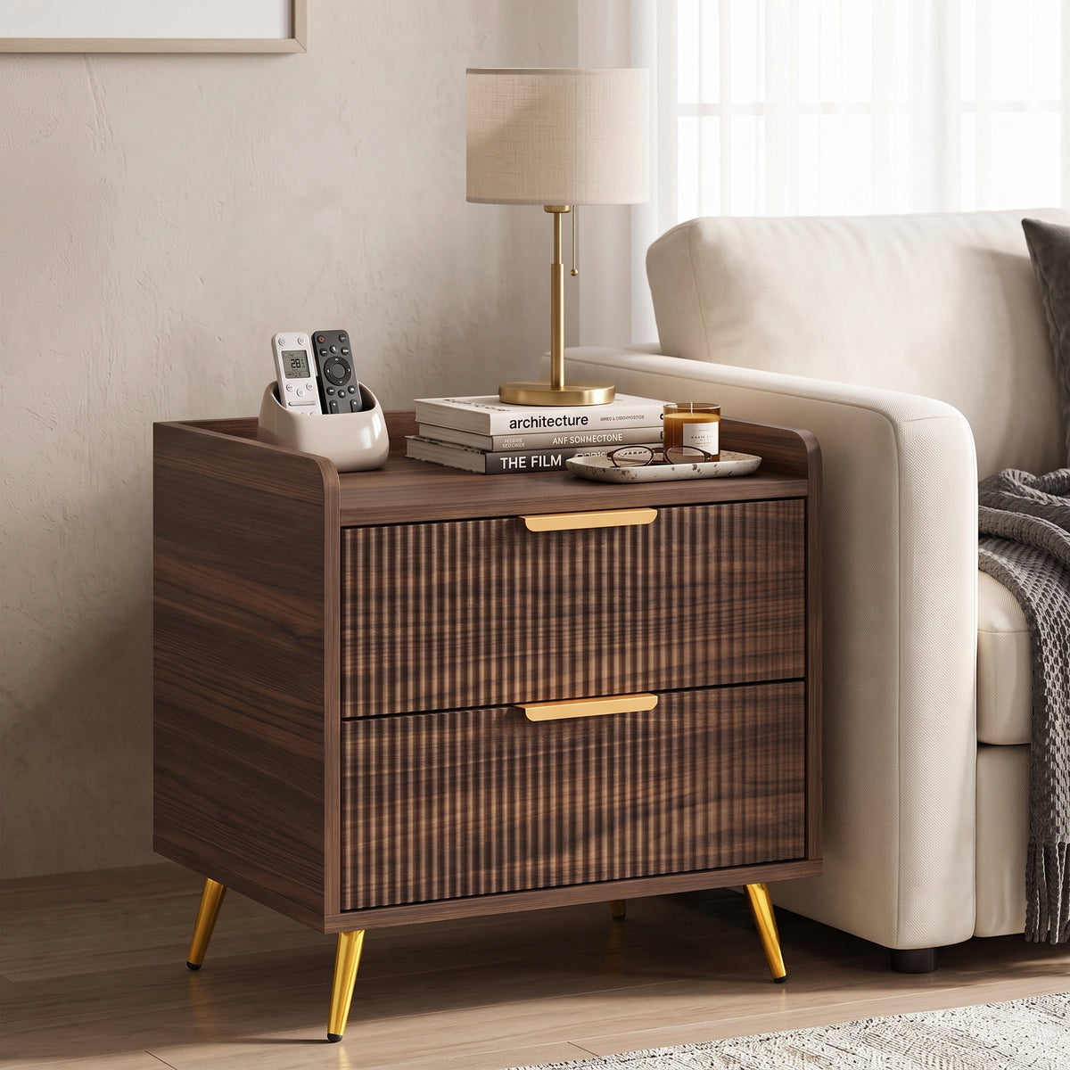 HOMCOM Two Drawer Bedside Table Walnut Brown Nightstand With Gold Handles
