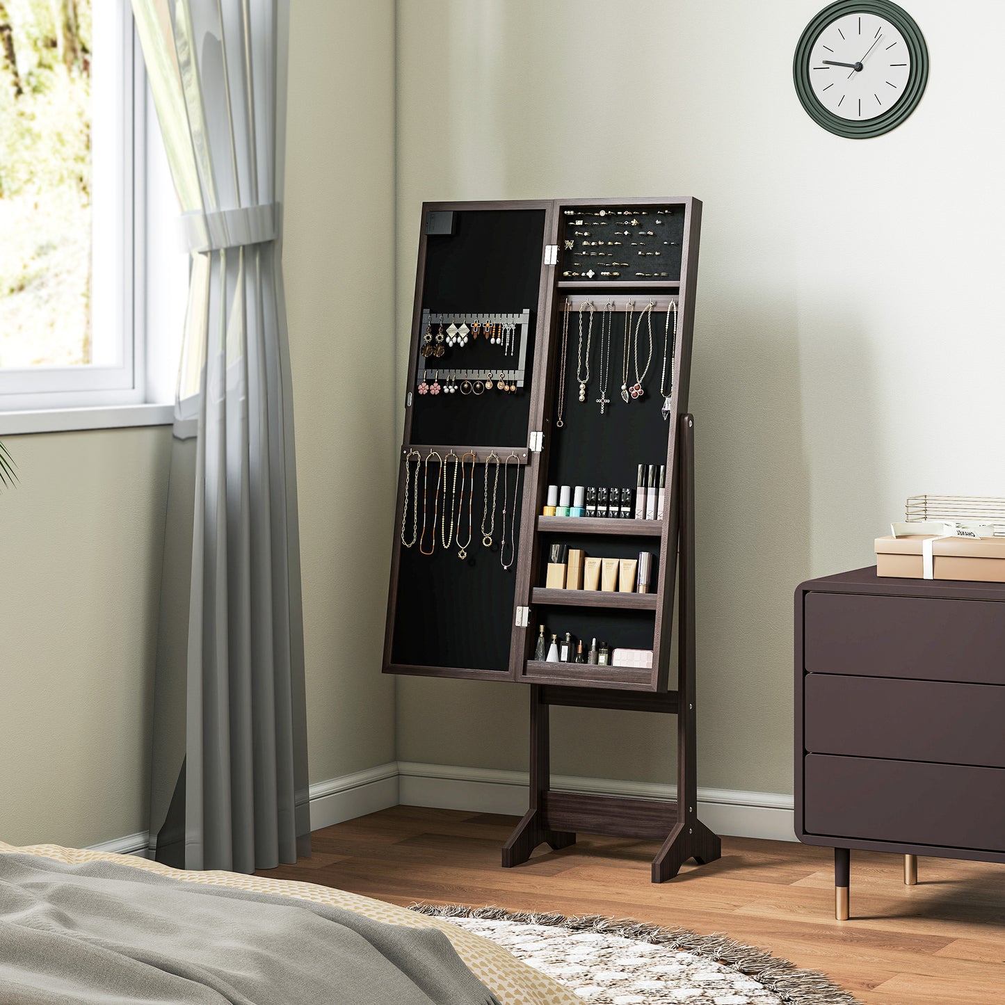 HOMCOM Freestanding Mirrored Jewellery Storage Cabinet With LED Lights And 70 Ring Slots 32 Earring Slots Dark Brown