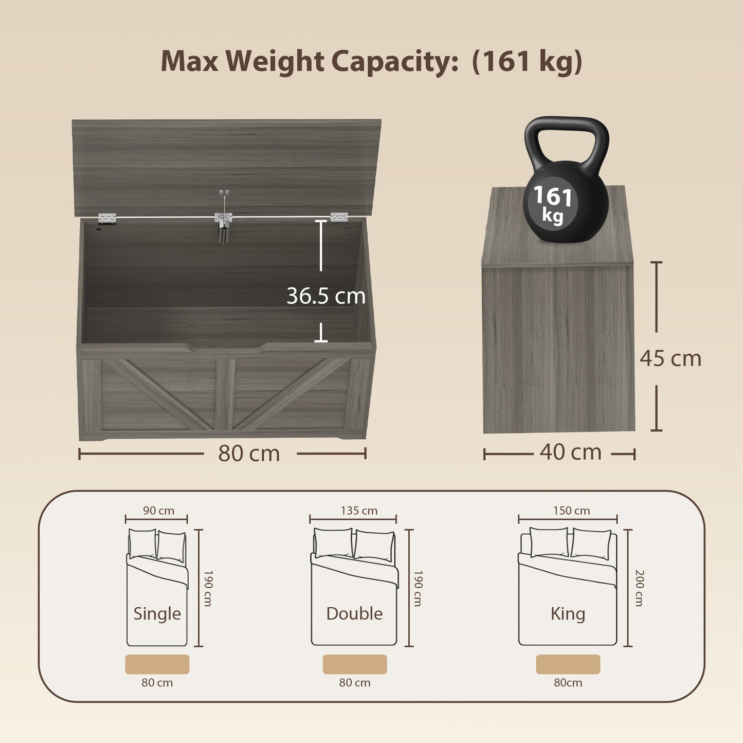 HOMCOM 100L Storage Trunk With Safety Hinge Flat Lid For Seating Dark Grey Wood Effect