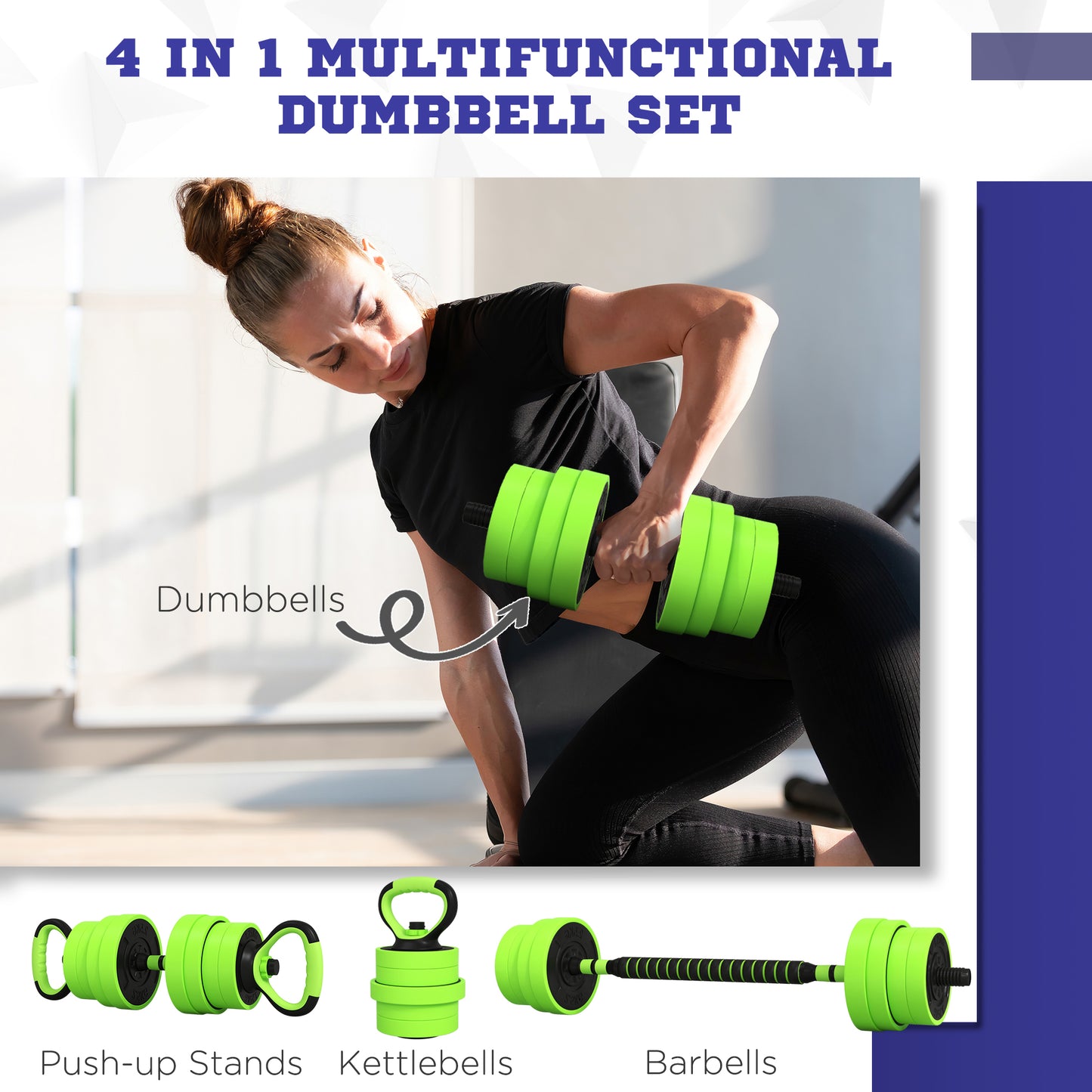 SPORTNOW 30kg Multi-Function Adjustable Dumbbell Set - Weights, Barbell, Kettlebell & Push-Up Stand - Green - ALL4U RETAILER LTD