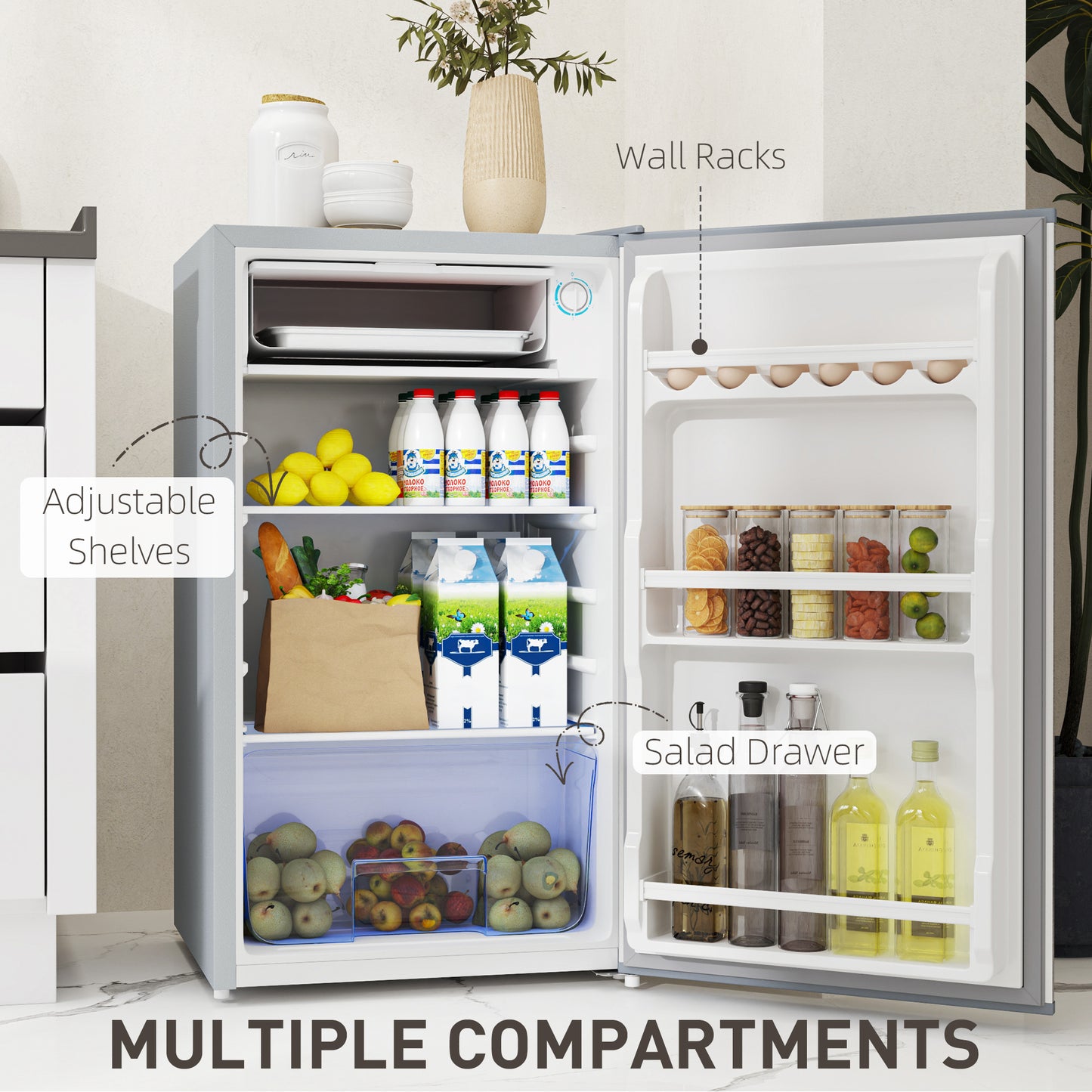 HOMCOM 91L Freestanding Under Counter Fridge With Lock Grey Ideal For Small Kitchens Bedrooms And Offices