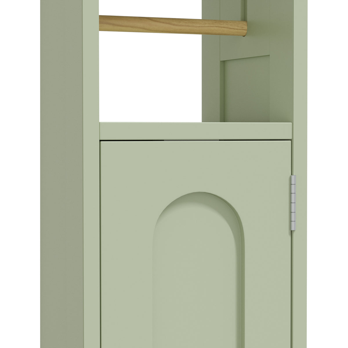 Light green cabinet door panel with arched opening and visible hinge hardware