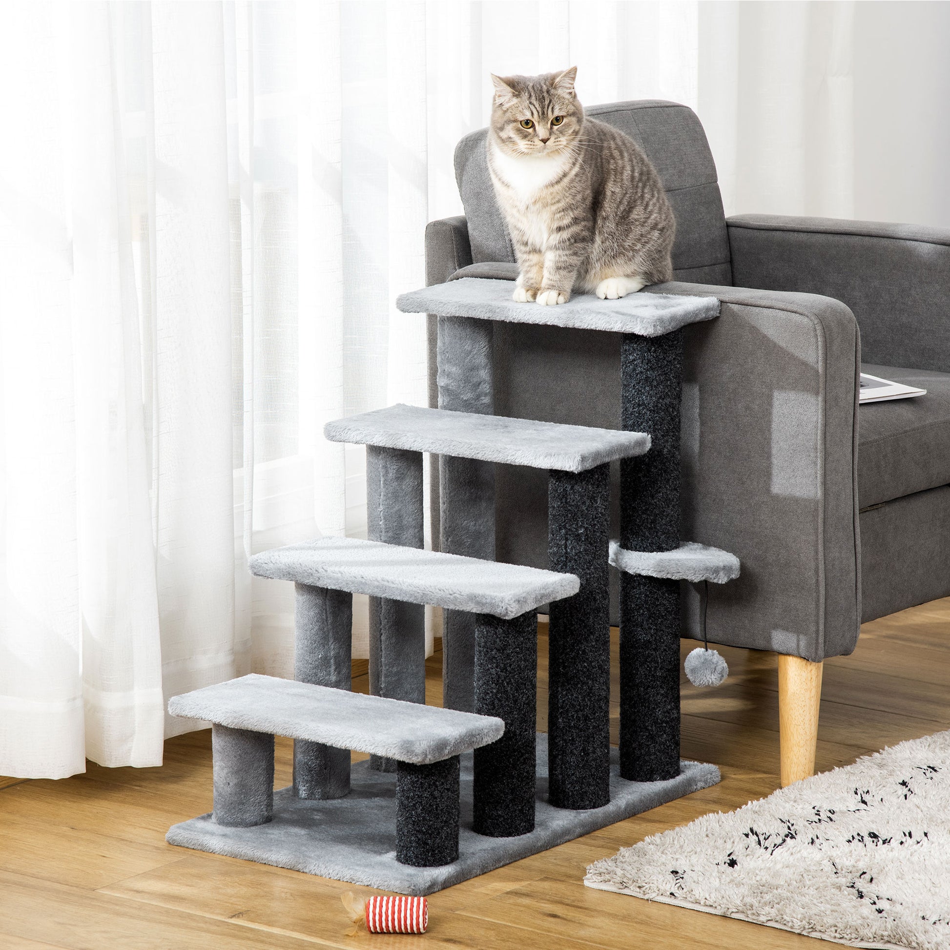 PawHut Multi-Level Grey Cat Stairs with Scratching Posts, Platforms, and Toy Ball - ALL4U RETAILER LTD