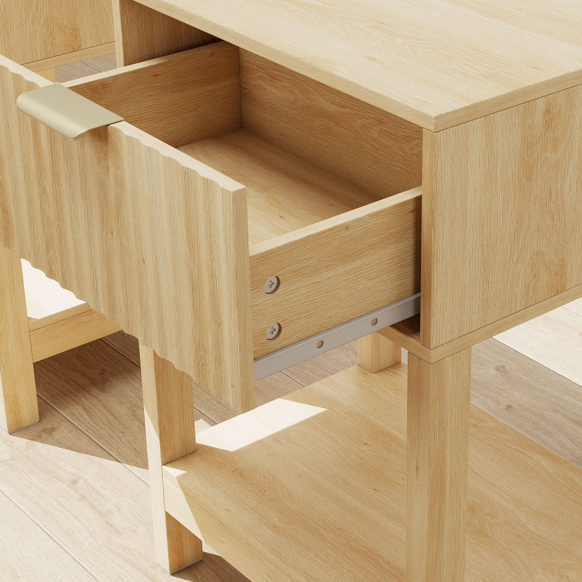 Fluted drawer nightstand with smooth-glide rails and open storage compartment