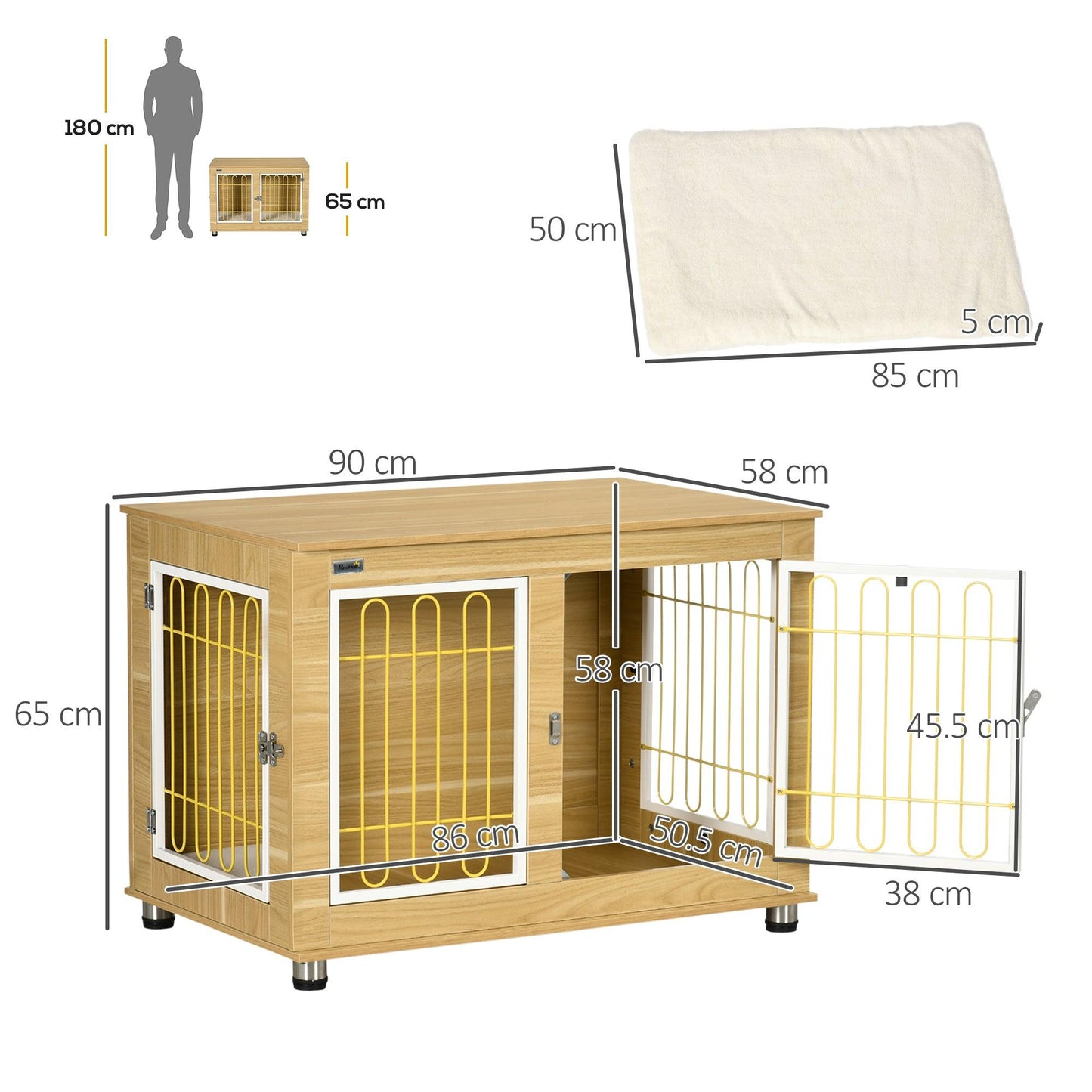 PawHut Dog Crate Furniture, Double Door End Table with Soft Cushion - Oak Tone - ALL4U RETAILER LTD