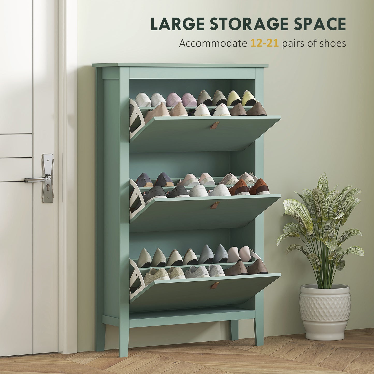 HOMCOM Slim Modern Three Drawer Shoe Cabinet in Green Holds 21 Pairs of Shoes for Neat Entryway Organization