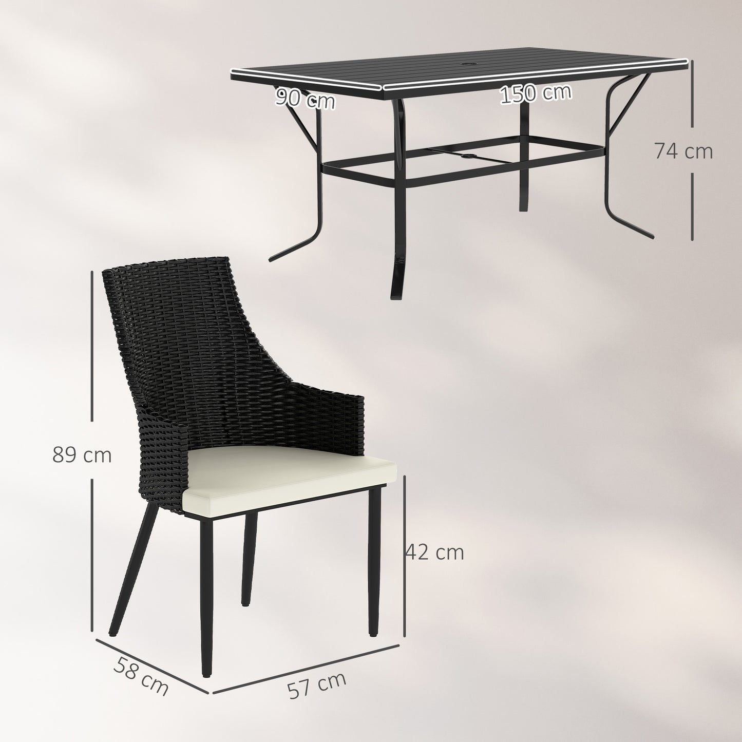 Outsunny 6 Seater Rattan Dining Set With Cushions, Rectangle Slatted Table Top, Steel Frame, Parasol Hole, Cream White