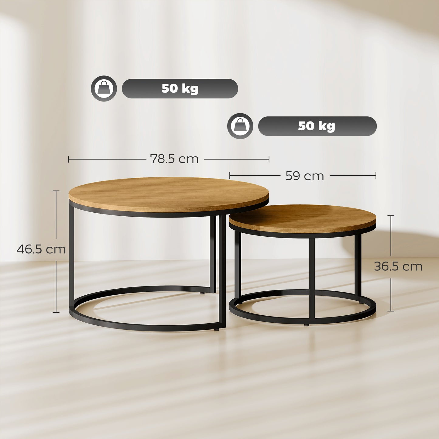 HOMCOM Set Of Two Wood Effect Stacking Tables Brown With Steel Base Small And Large For Compact Overlap Storage