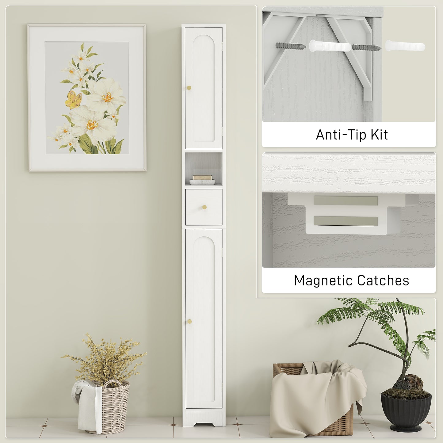 HOMCOM 185 Cm Tall White Bathroom Cabinet With Arched Doors Slim Space Saving Storage With Adjustable Shelves