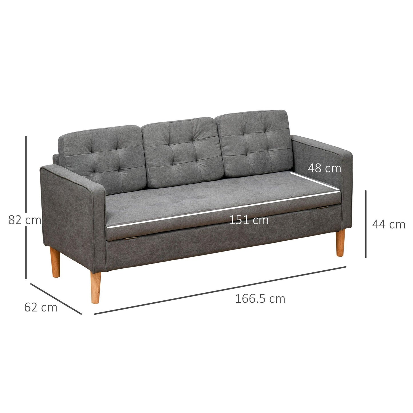 HOMCOM Compact 3 Seater Sofa with Hidden Storage and Rubber Wood Legs Grey - ALL4U RETAILER LTD