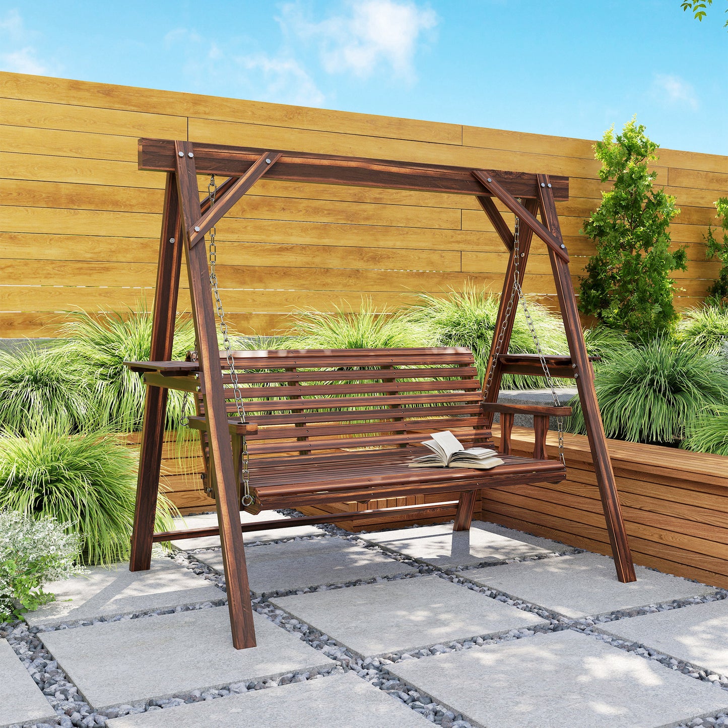 Outsunny 3-Seater Wooden Garden Swing Bench with Canopy – Outdoor Patio Porch Seat