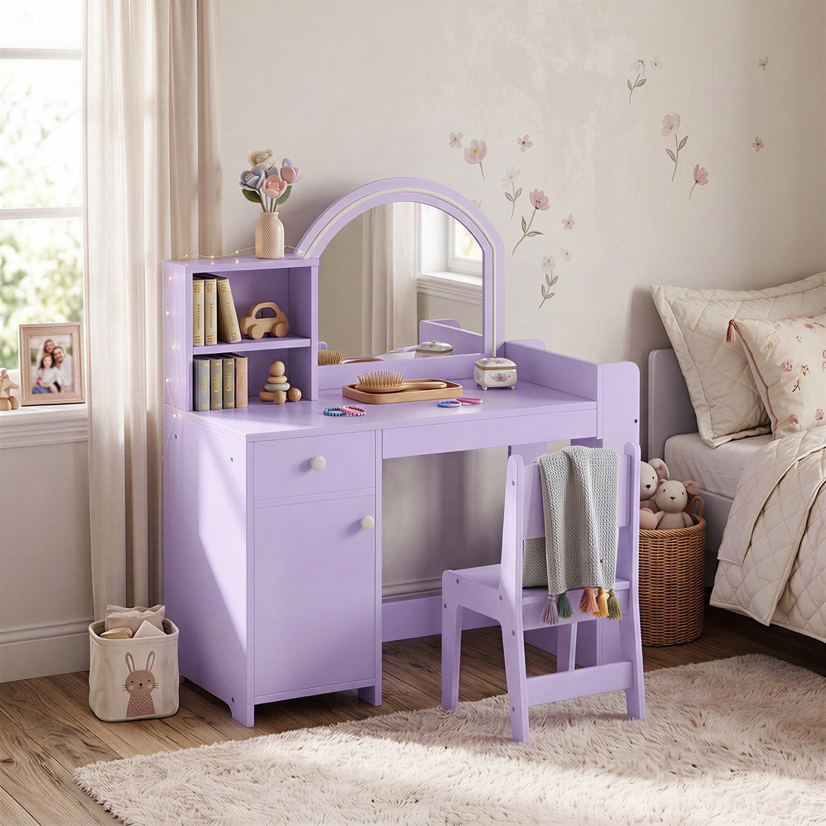 Kids Vanity Table Chair Set Led Mirror Storage Cabinet Purple