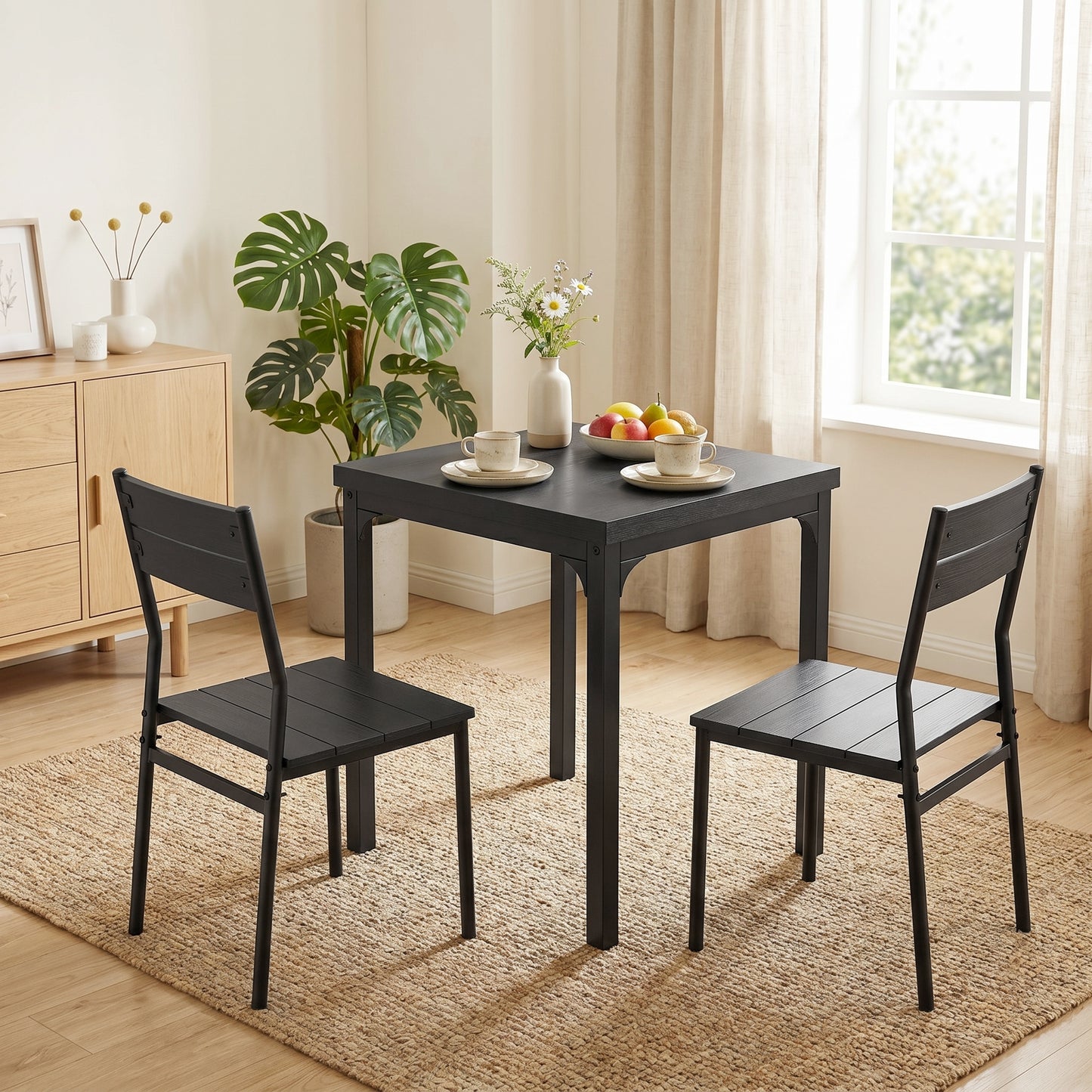 HOMCOM 3 Piece Space Saving Kitchen Table And Chairs Set For 2 With Metal Legs Black Wood Effect