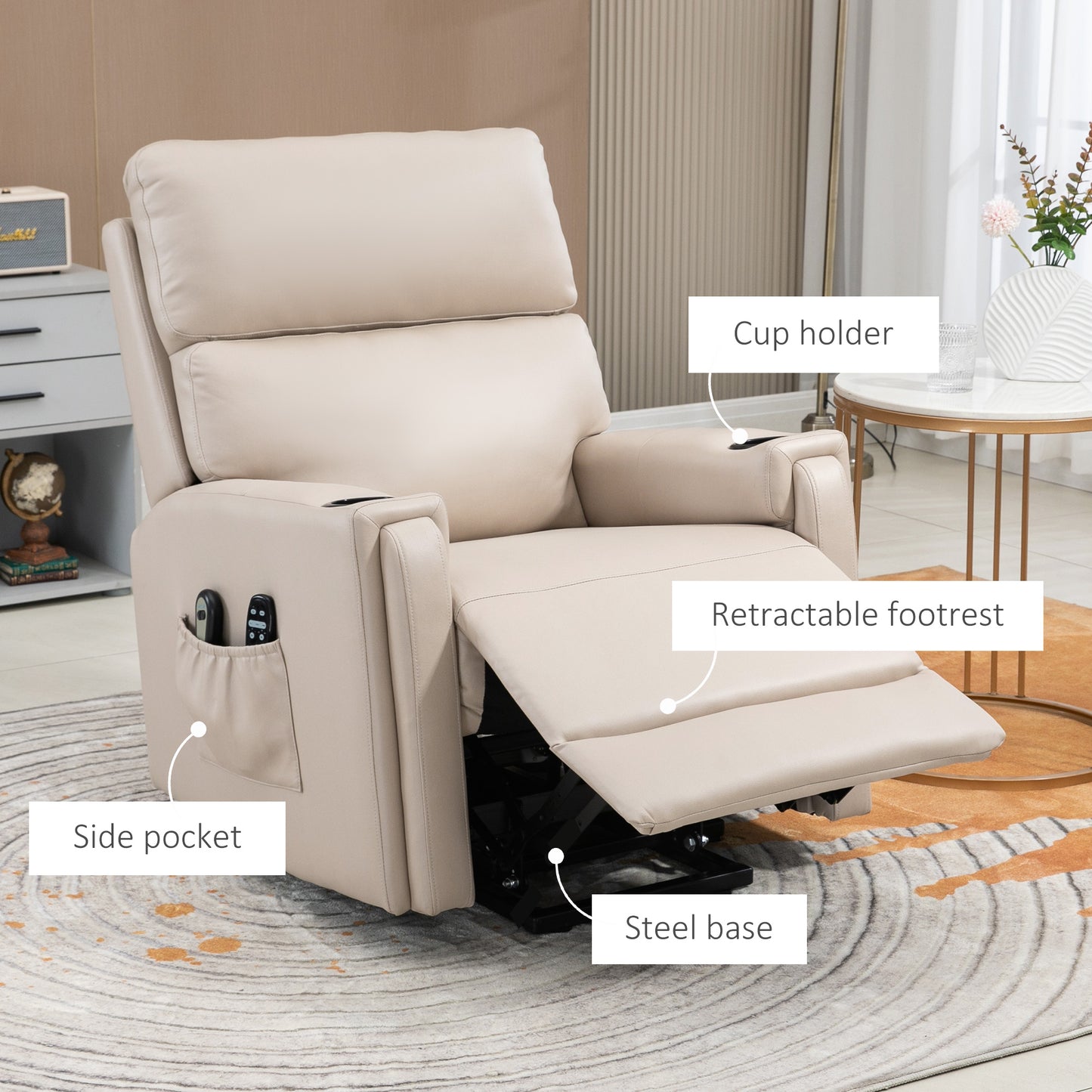 HOMCOM Electric Lift Recliner Chair with Massage, Heating, and Cup Holders - Beige - ALL4U RETAILER LTD