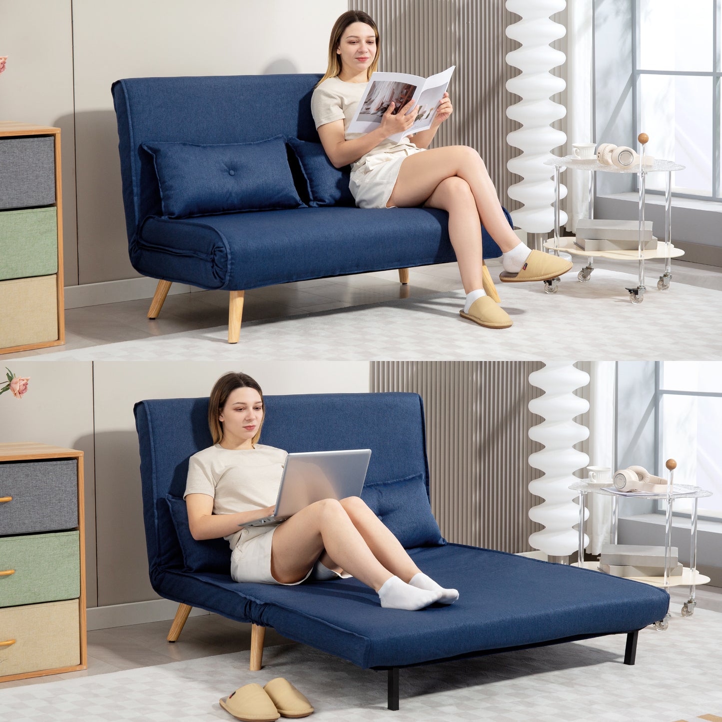 HOMCOM Two Seater Linen Look Sofa Bed Dark Blue With Click Clack Mechanism For Day And Night Comfort