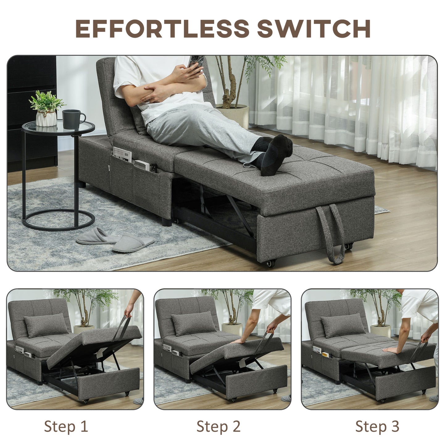 HOMCOM Four In One Sleeper Chair Bed With Recliner Chaise Lounge And Footrest 182cm Grey
