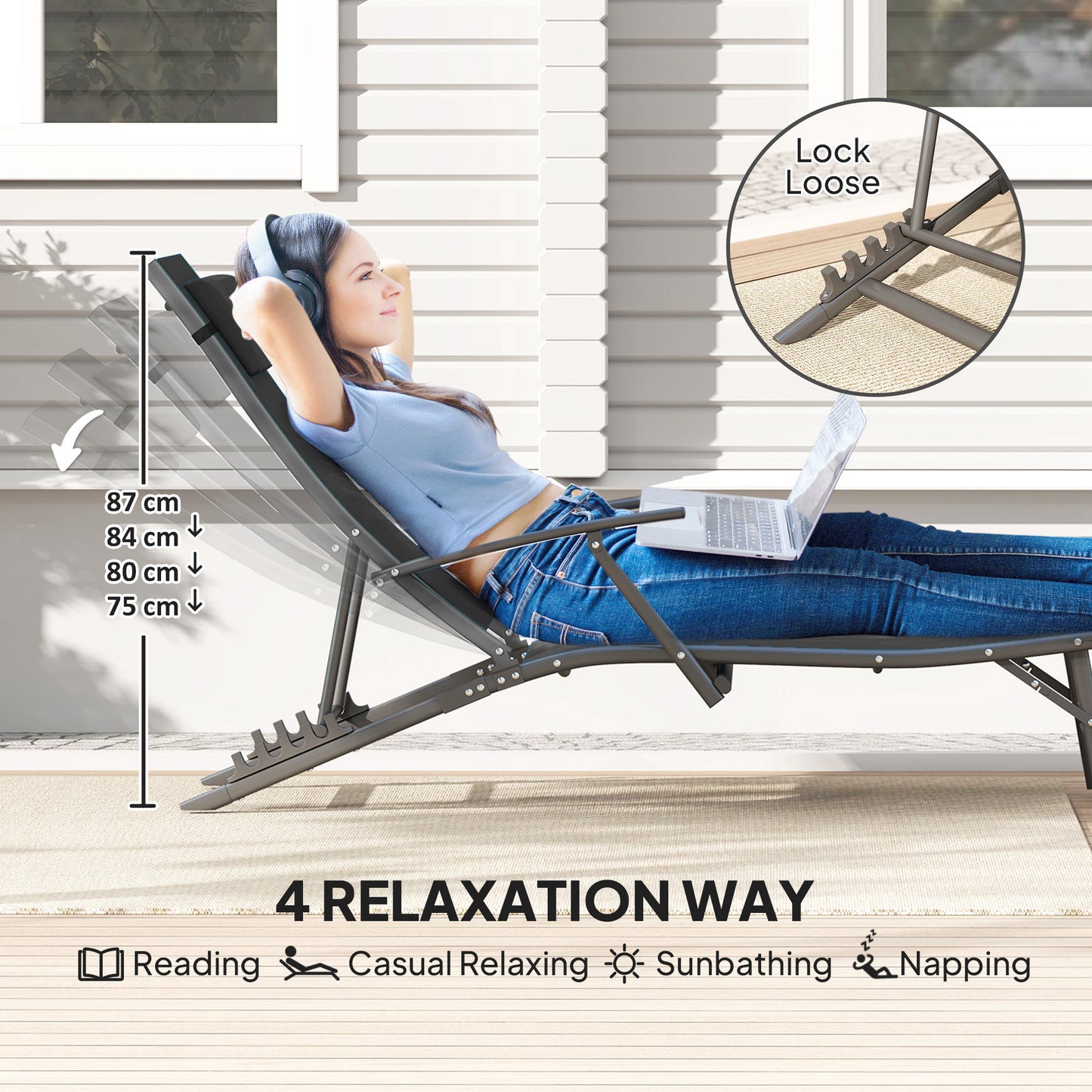 Outsunny Set of Two Adjustable Back Sun Loungers Black With Quick Dry Texteline Mesh and Cushioned Pillows