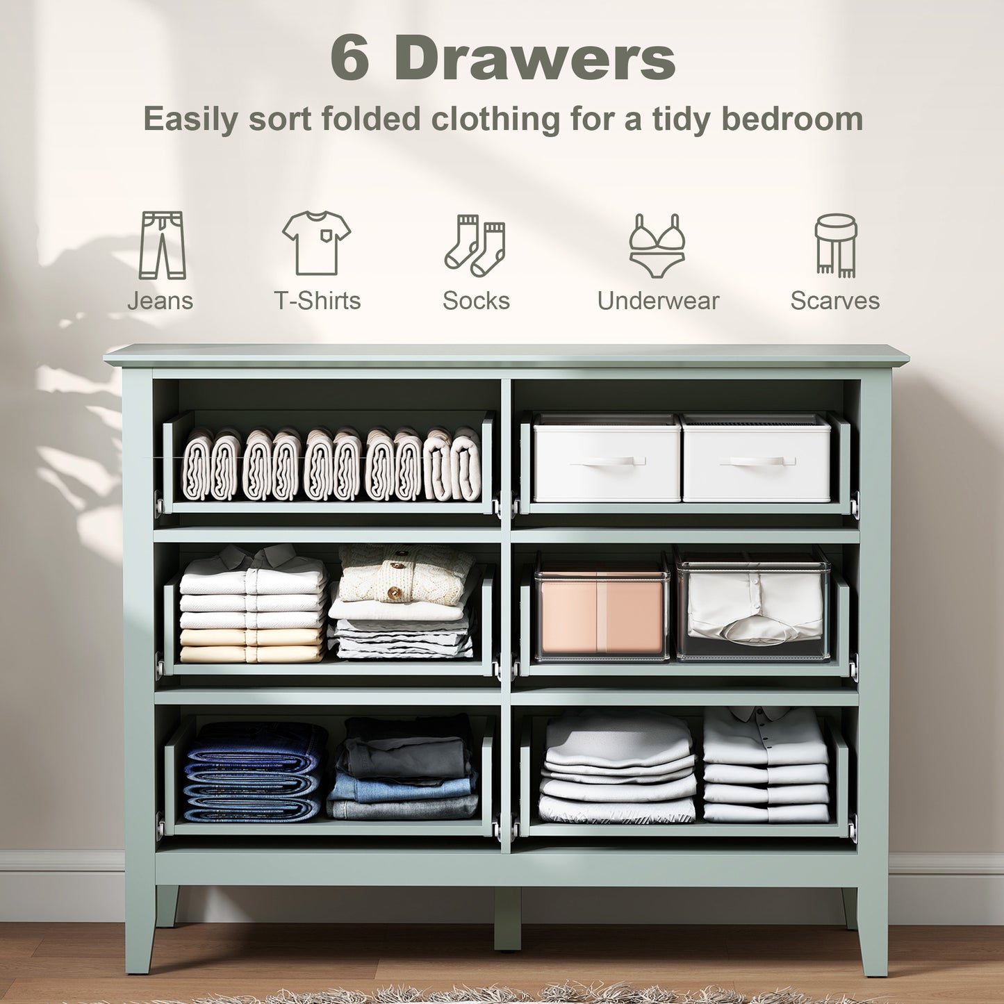HOMCOM Fluted Dresser 6 Drawer Chest of Drawers for Bedroom Living Room Hallway Closet Green with Gold Tone Handles
