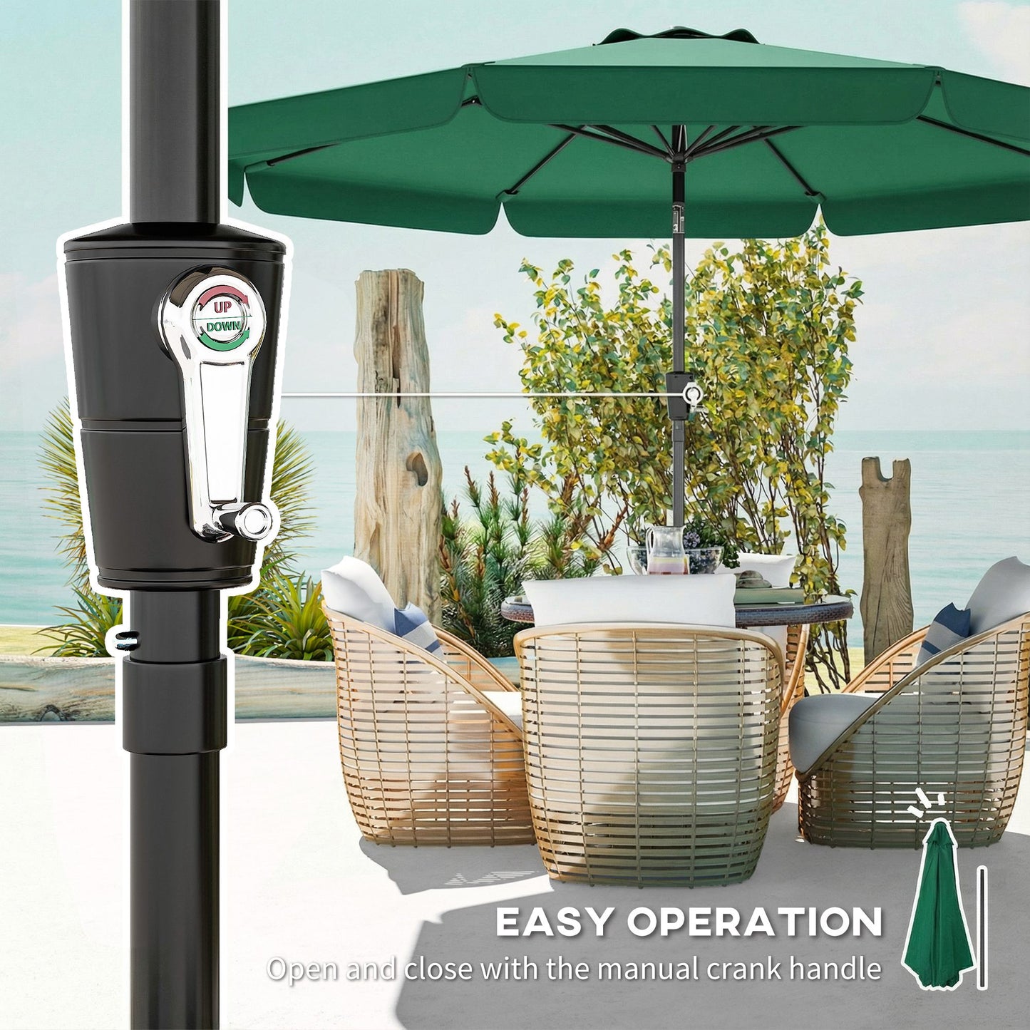 Outsunny 3m Garden Parasol With Tilt Mechanism And Crank Handle UPF 30 Sun Protection Patio Umbrella Table Green