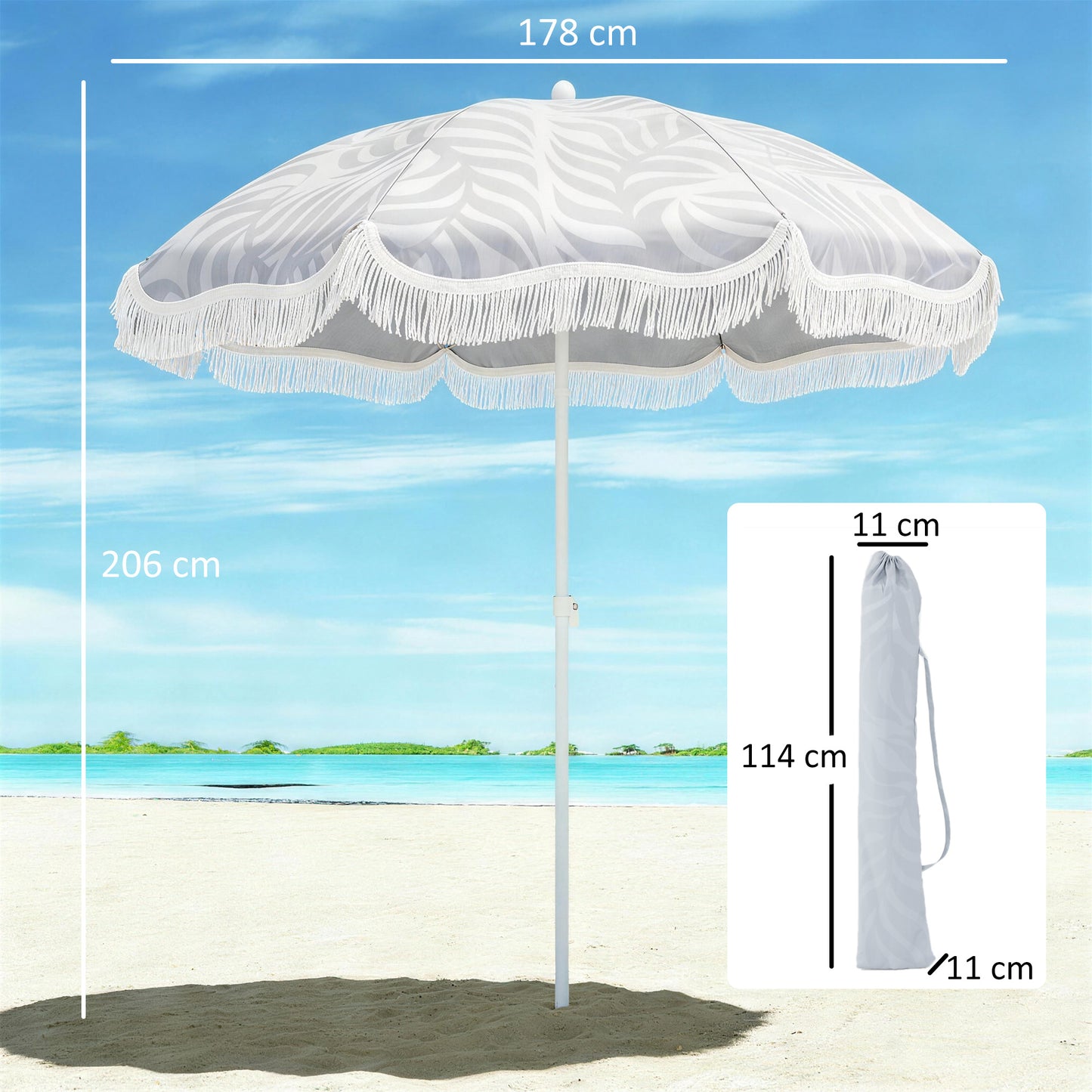 Outsunny 1.8 m Beach Umbrella Parasol With Sand Anchor Portable Tilting Garden Parasol Adjustable Height Light Grey