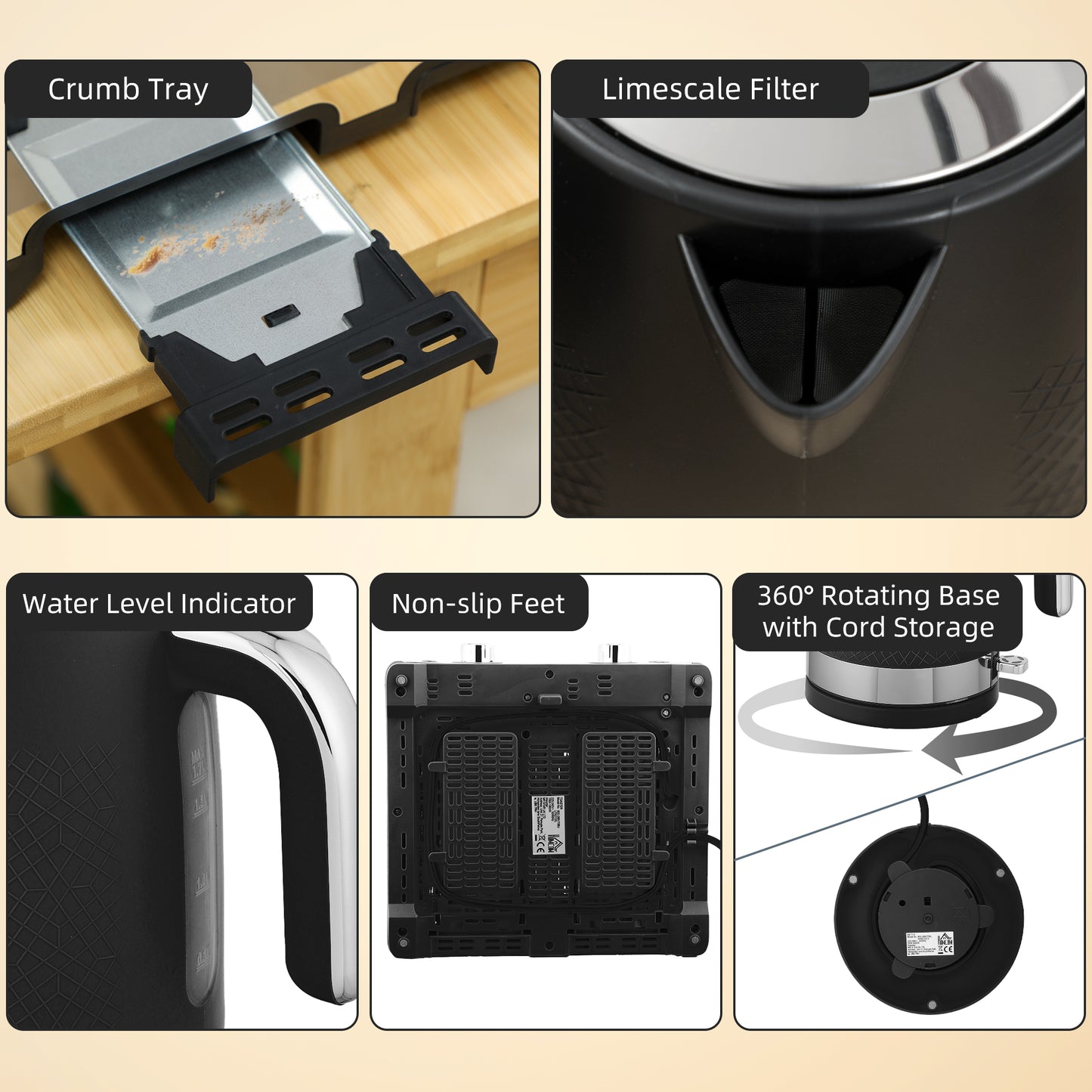 HOMCOM Kettle And Four Slice Toaster Set Black Sleek Textured Kitchen Appliance Pair