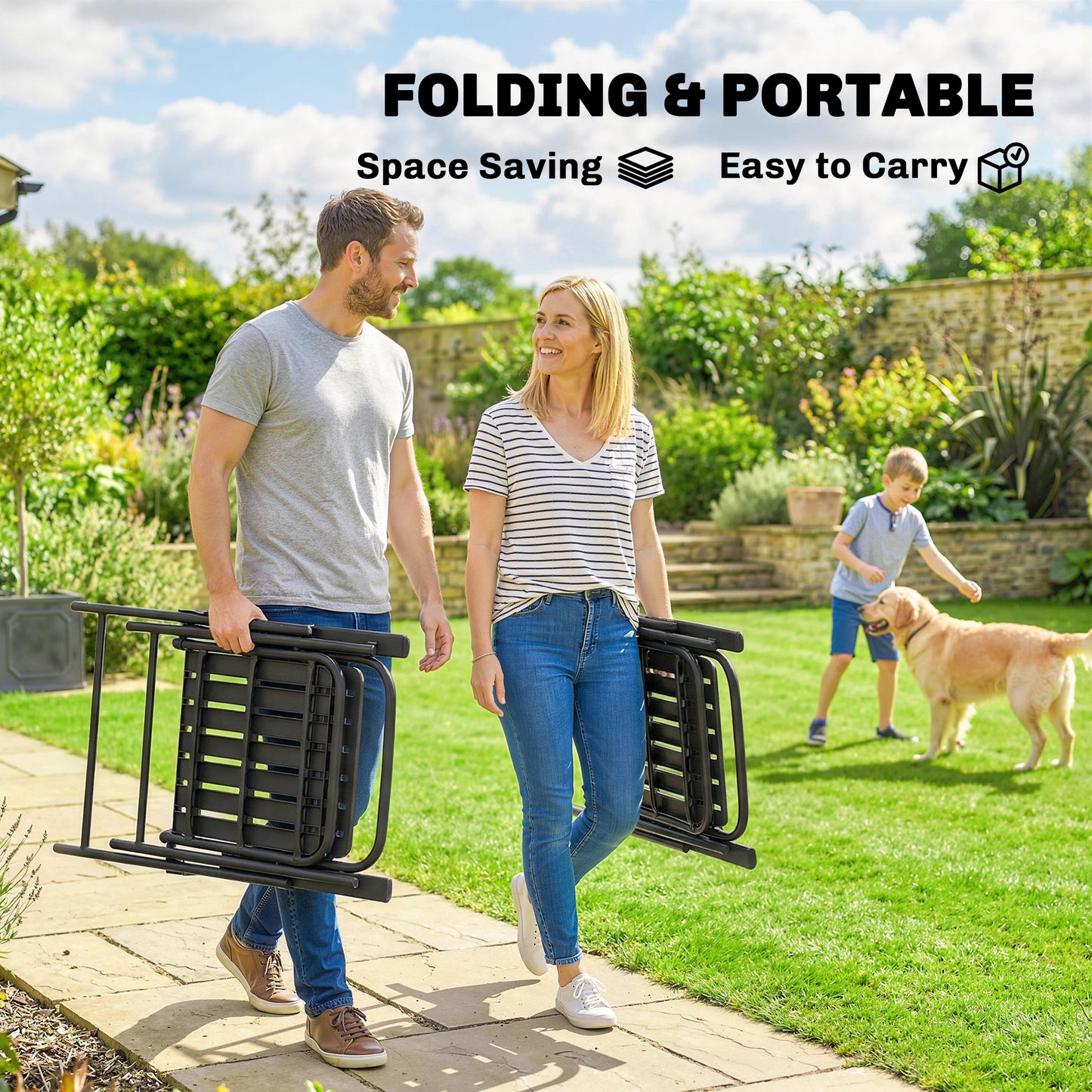 Outsunny Folding Garden Chairs Set Of 4 With Steel Frame Black Plastic Slatted Seats And Armrests For Outdoor Dining