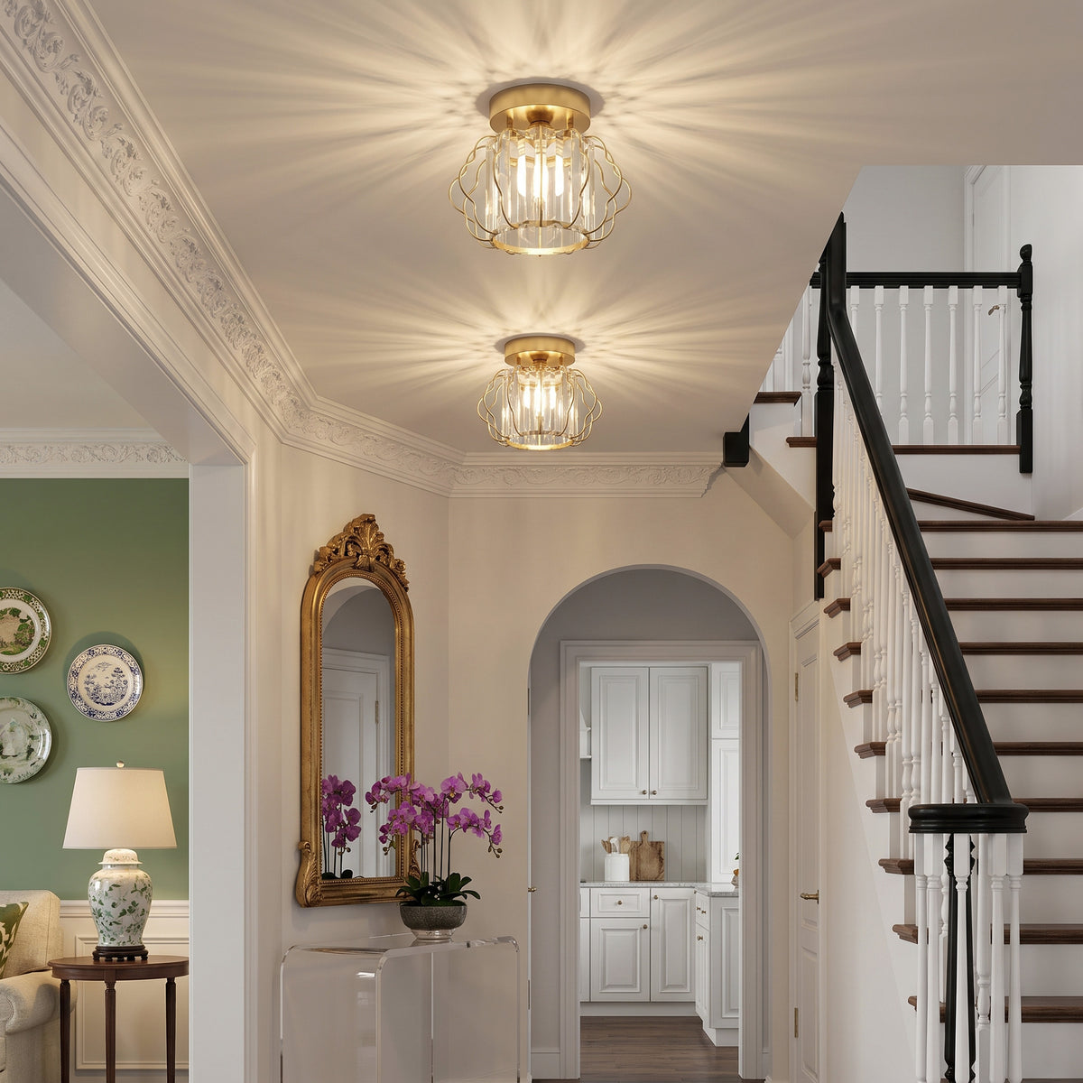 Gold semi-flush ceiling light with clear crystal bar cage mounted on ceiling