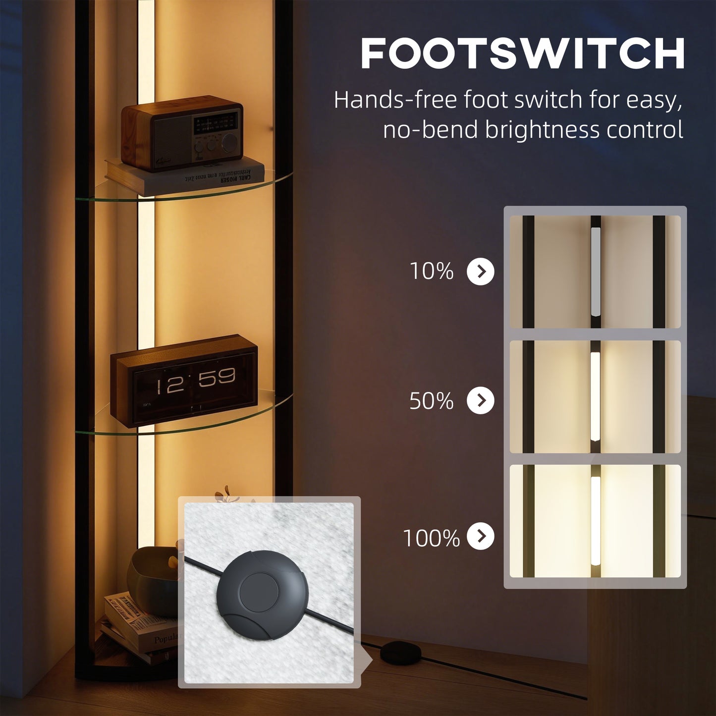 HOMCOM LED Floor Lamp With Shelves Five Tier Frosted Glass Dimmable Standing Lamp With Foot Switch Living Room Black