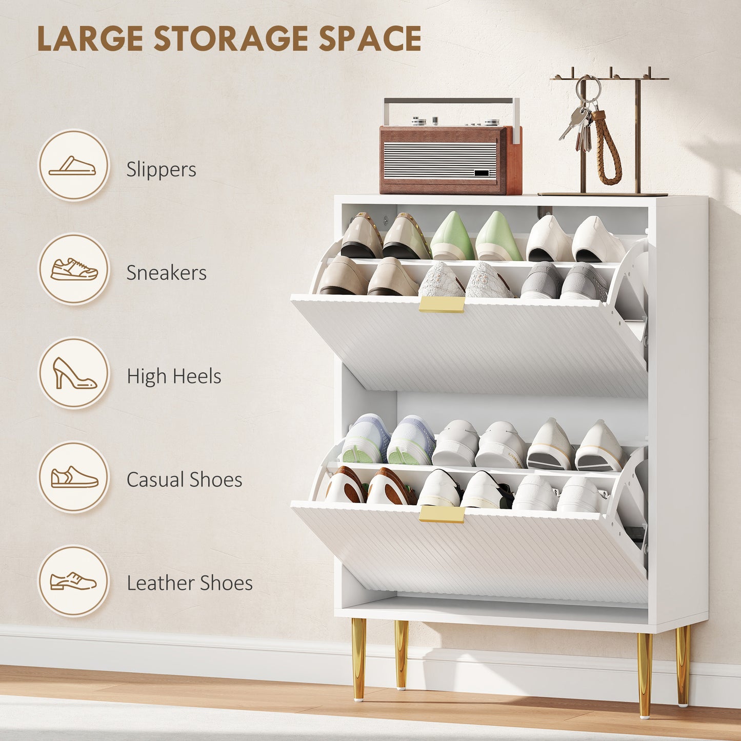 HOMCOM Elegant Two Drawer White Shoe Cabinet With Ridged Doors And Gold Accents Adjustable Shelves For 6 To 12 Pairs