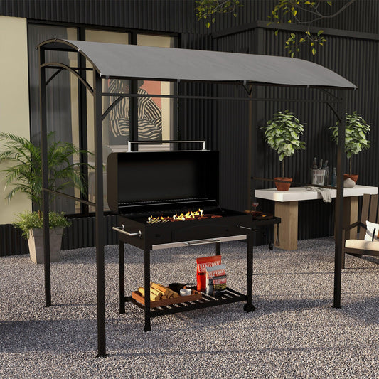 Outsunny 2.2 x 1.5 m BBQ Grill Gazebo Tent, Garden Grill with Metal Frame, Curved Canopy and 10 Hooks, Outdoor Sun Shade, Grey - ALL4U RETAILER LTD